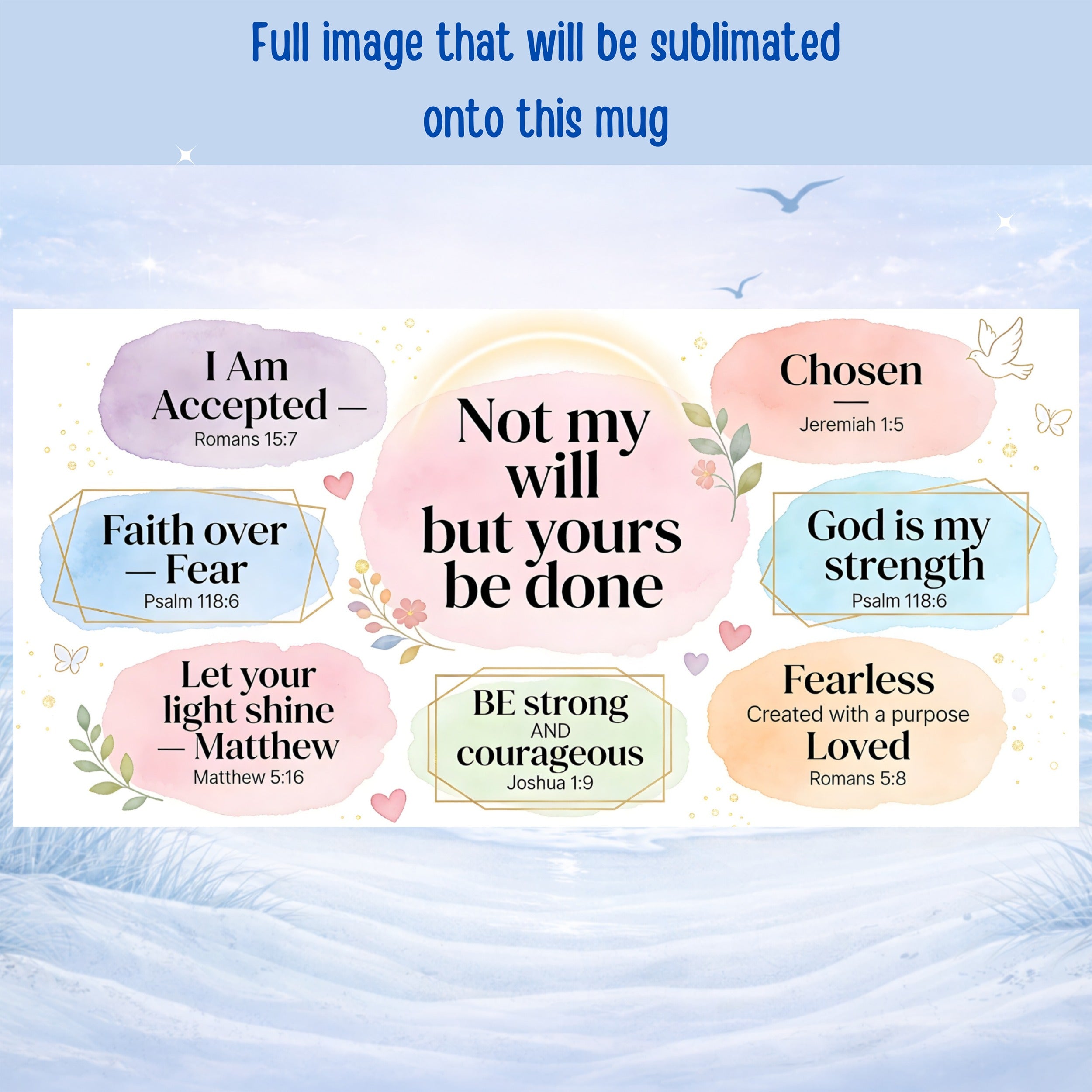 Inspirational faith mug with strength courage and purpose message