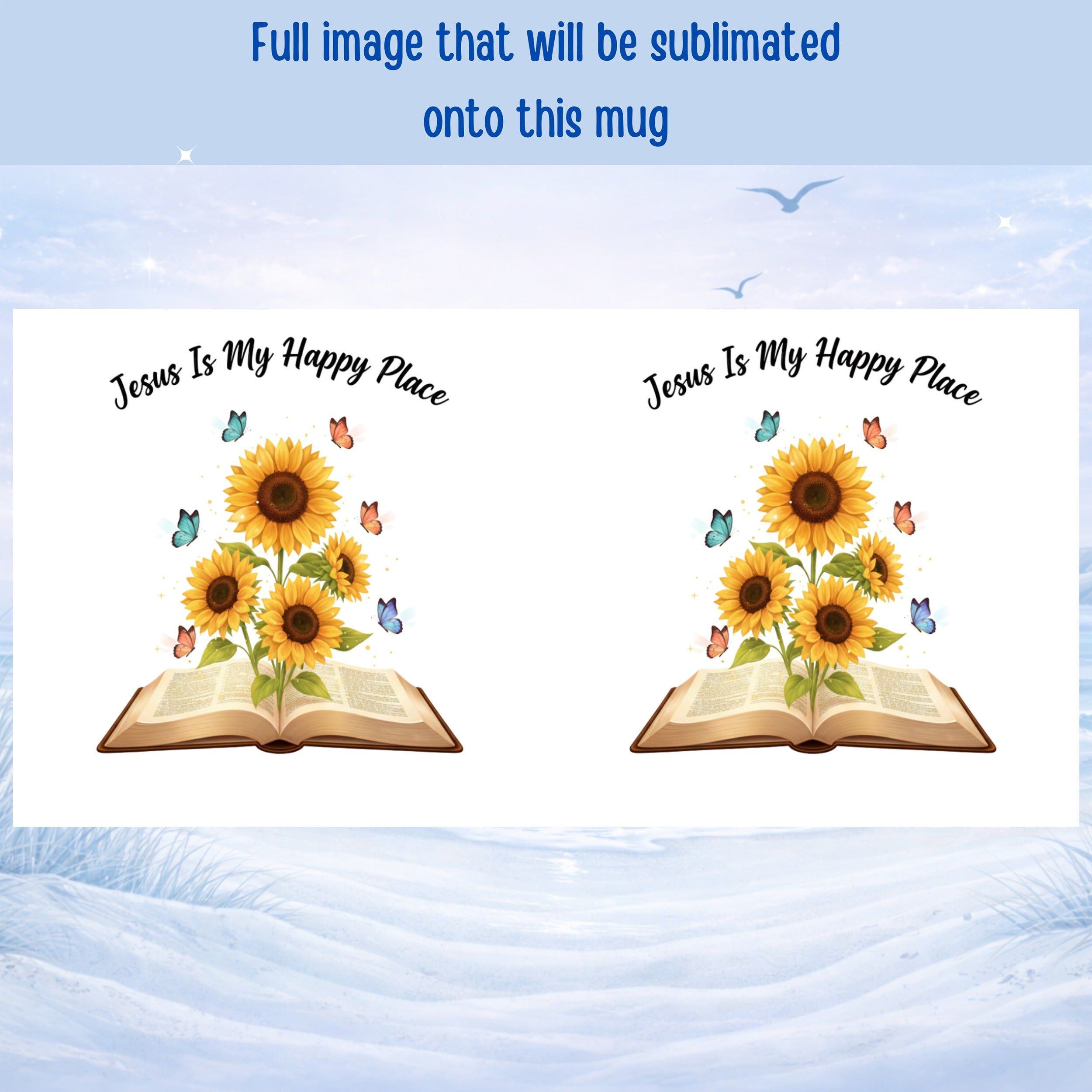 Jesus Is My Happy Place mug with sunflower artwork