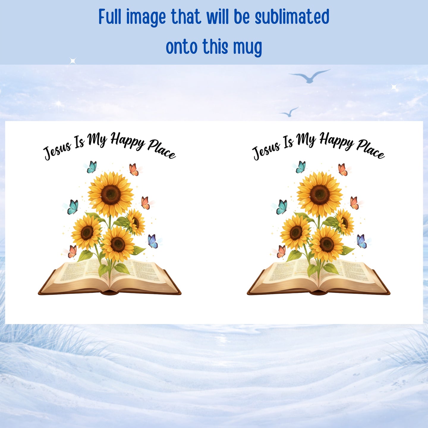 Jesus Is My Happy Place mug with sunflower artwork