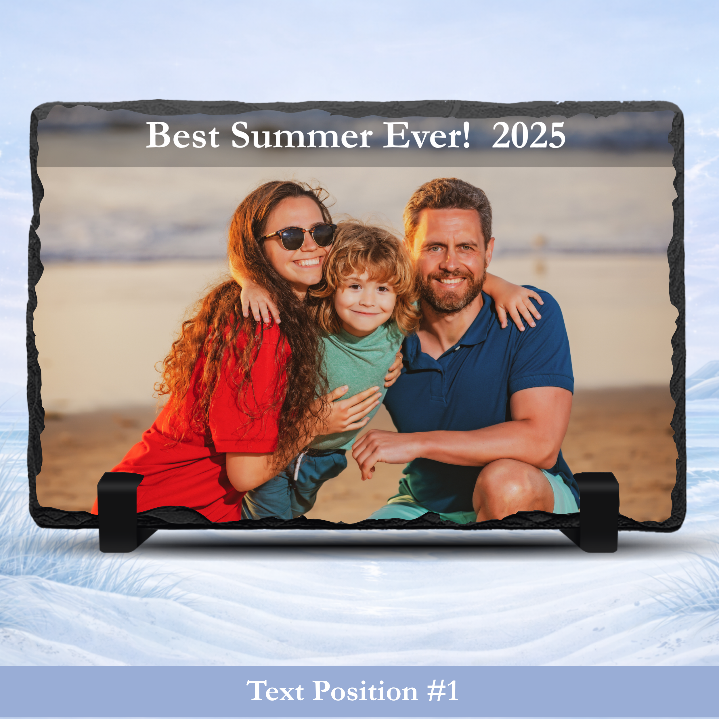 Personalized photo plaque with a family on a beach and 'Best Summer Ever! 2025' text.