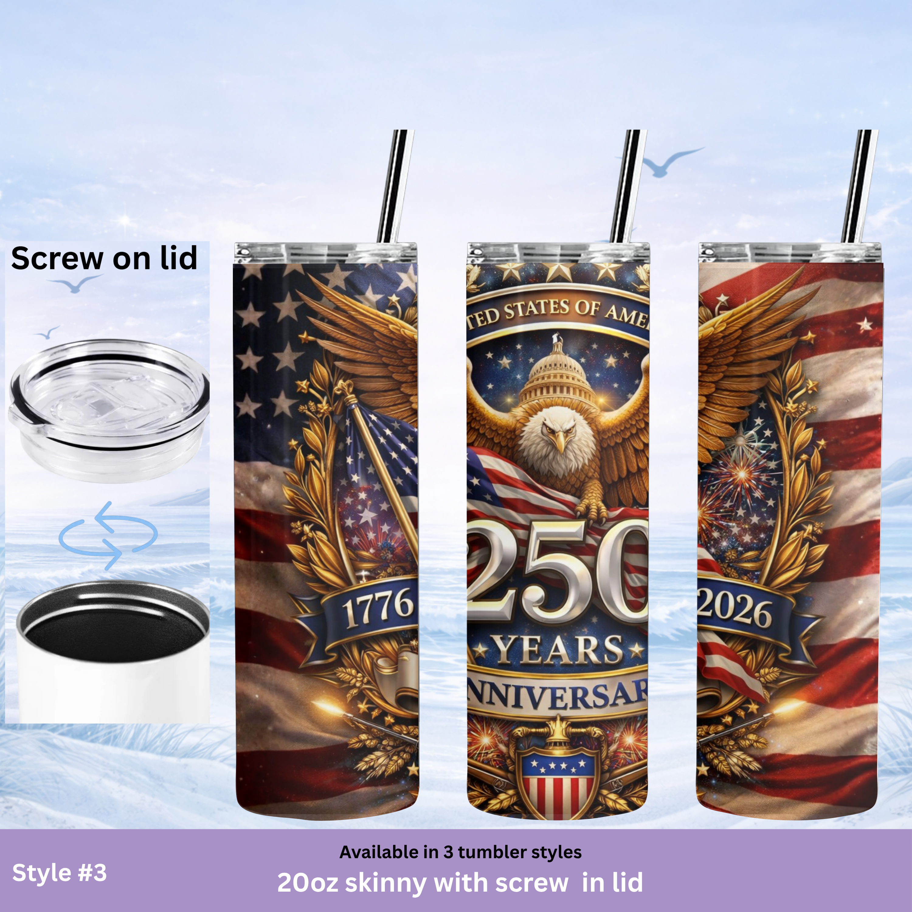 Red white blue USA 250 anniversary insulated tumbler with lid and straw