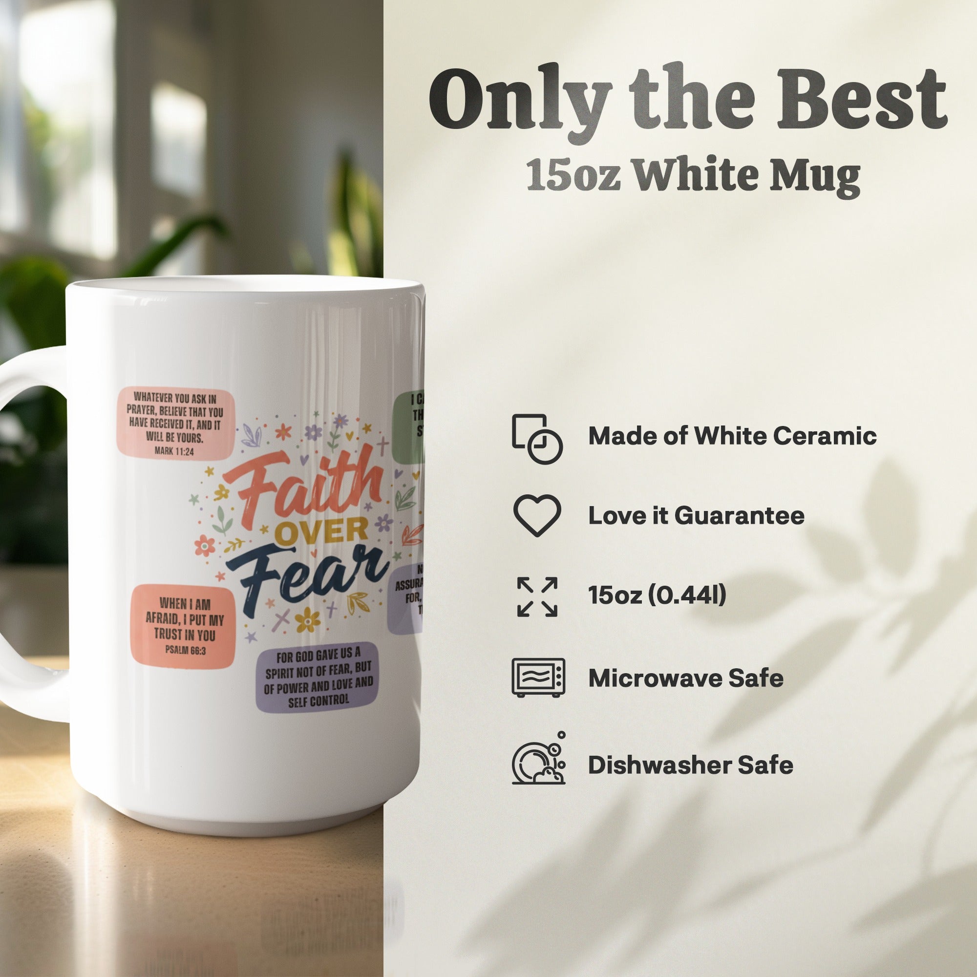 Religious 15oz coffee mug with Faith Over Fear message