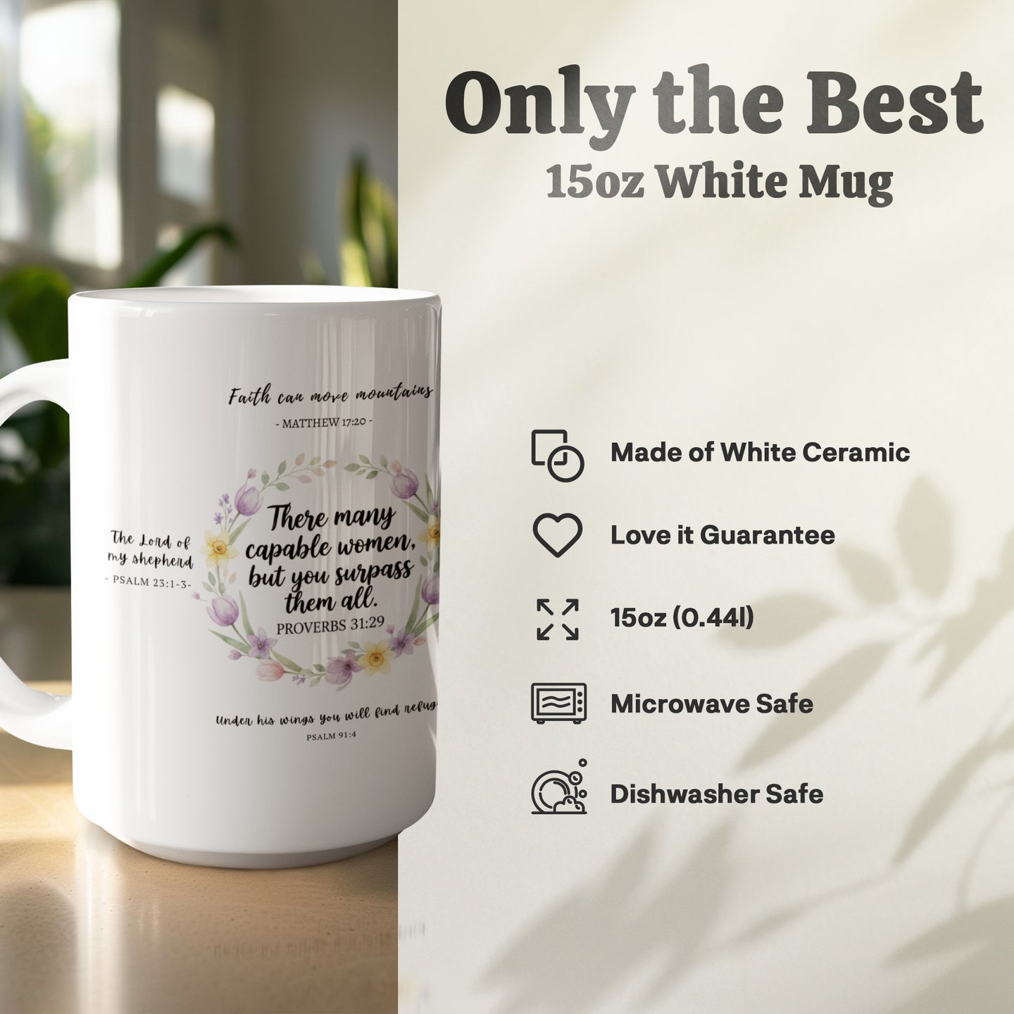 Religious 15oz coffee mug with faith and strength quotes