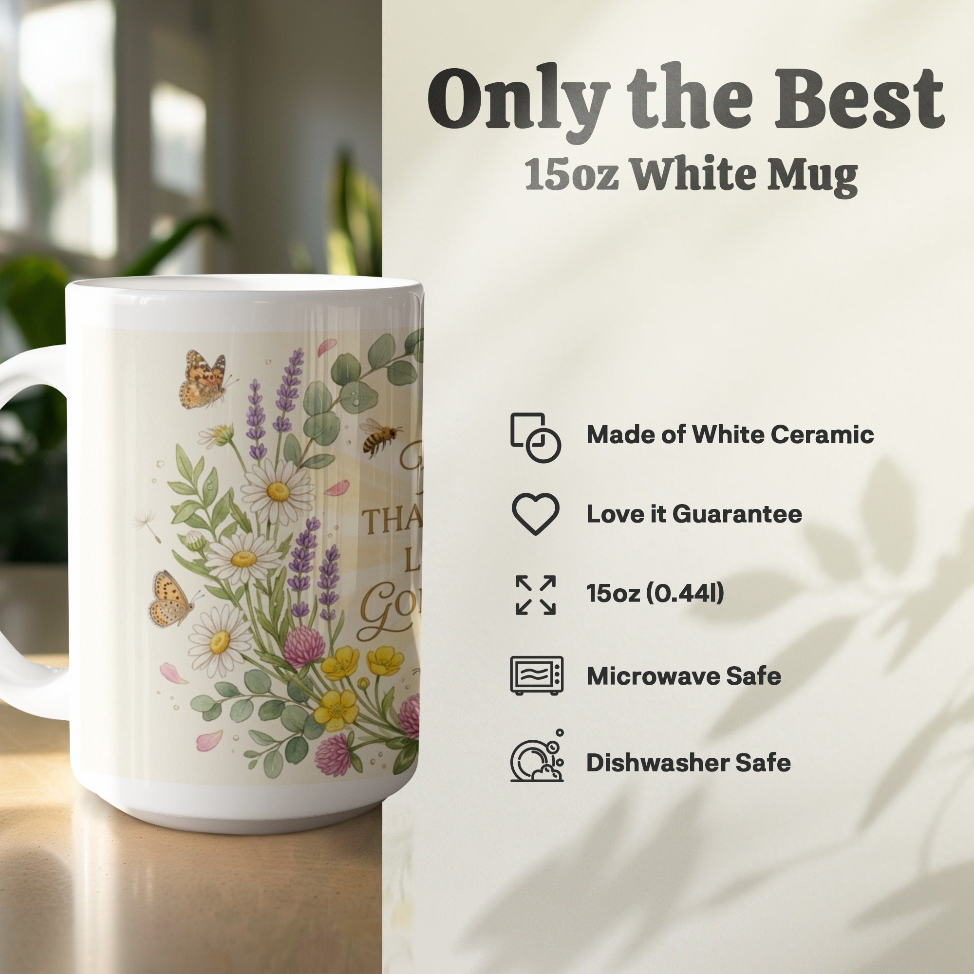 Religious 15oz coffee mug with flowers and faith theme