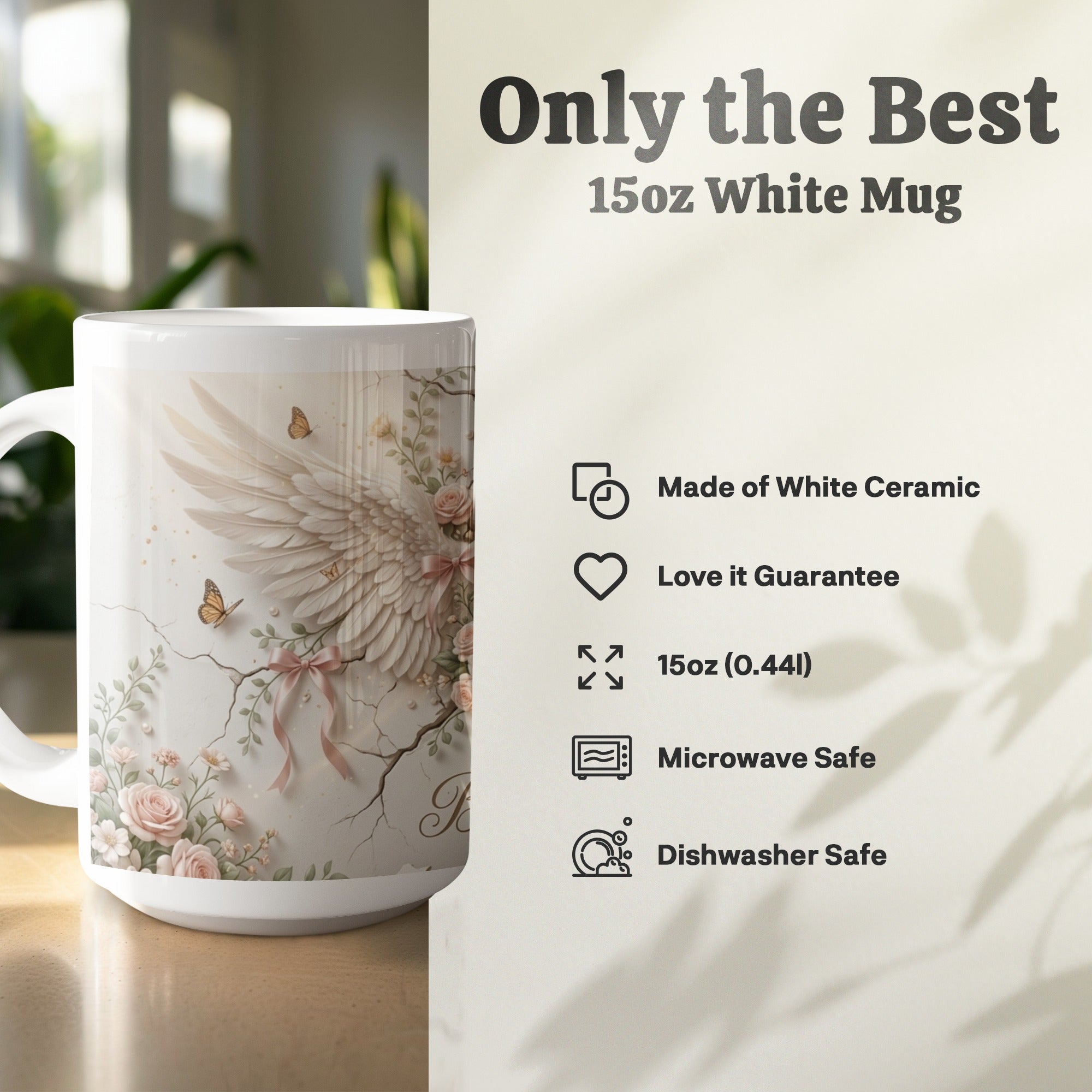 Religious 15oz coffee mug with roses and butterfly artwork