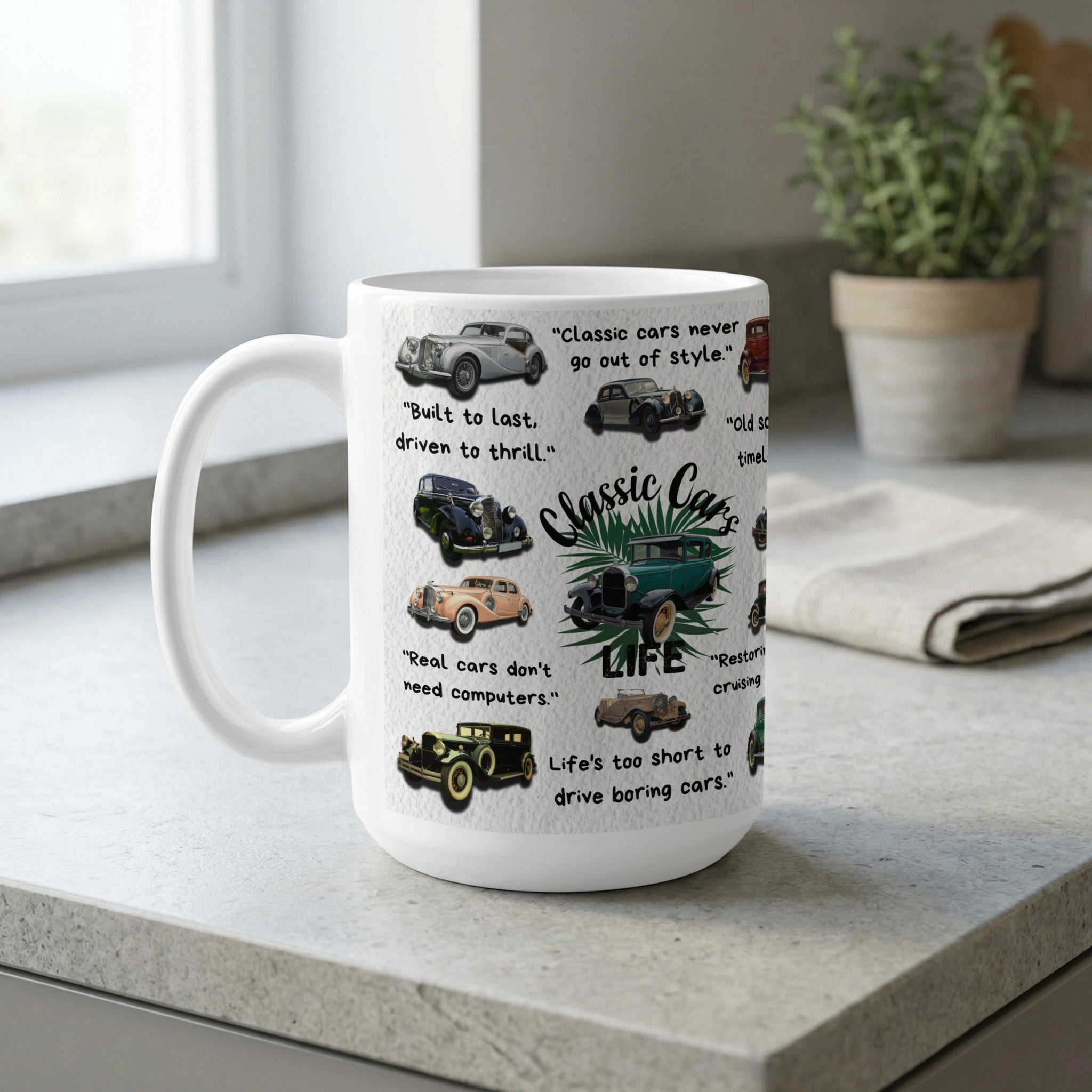 Retro car enthusiast mug for classic automobile lovers