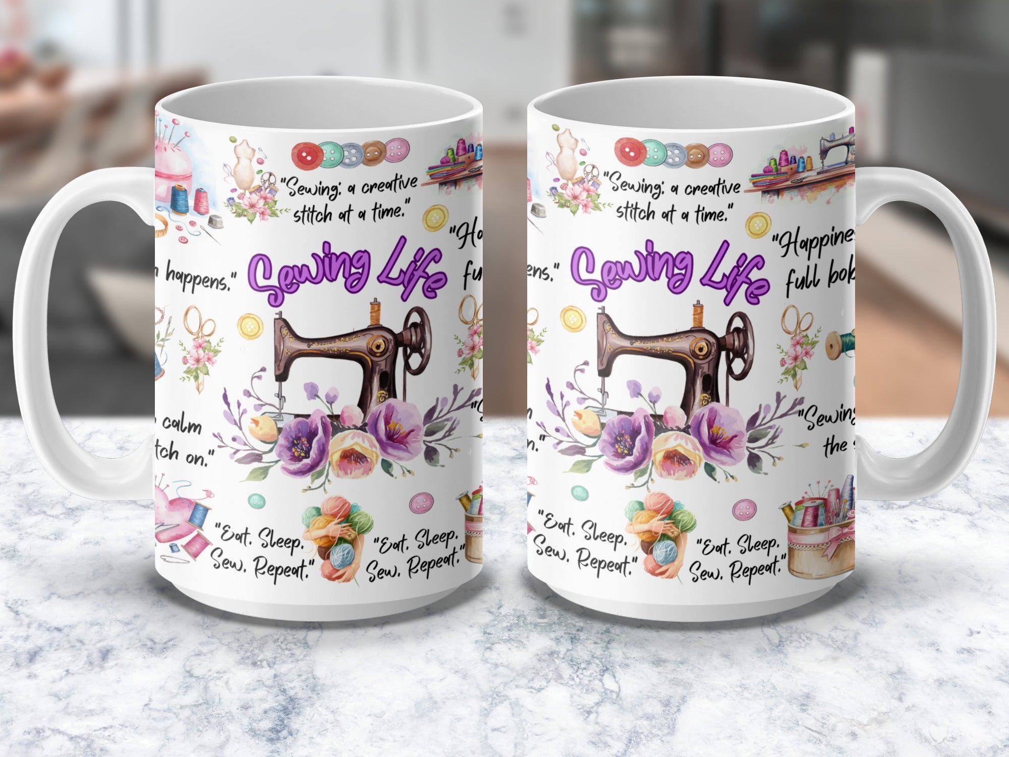 Sewing coffee mug with inspirational stitching quotes