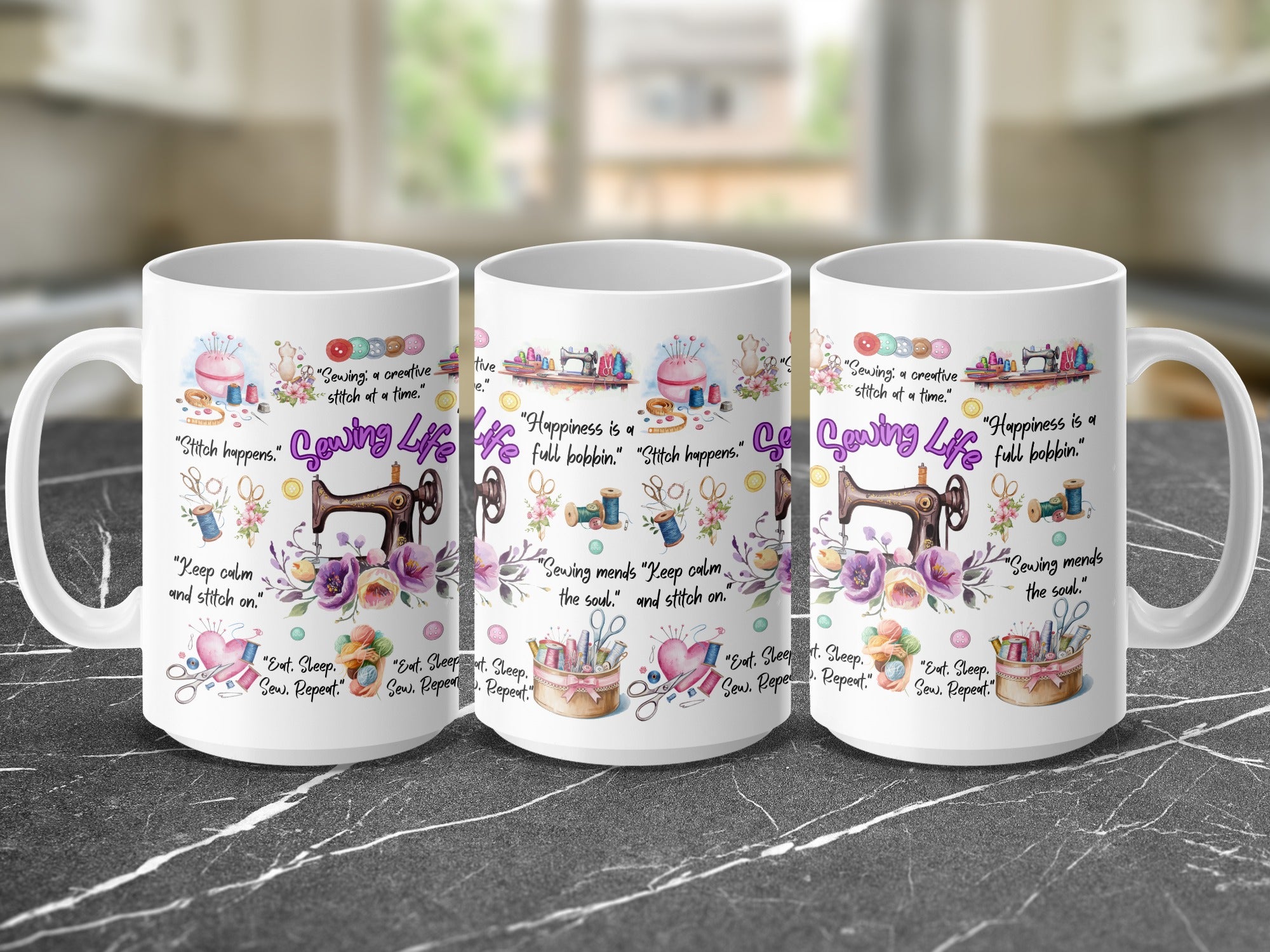 Sewing themed 15oz coffee mug with creative artwork