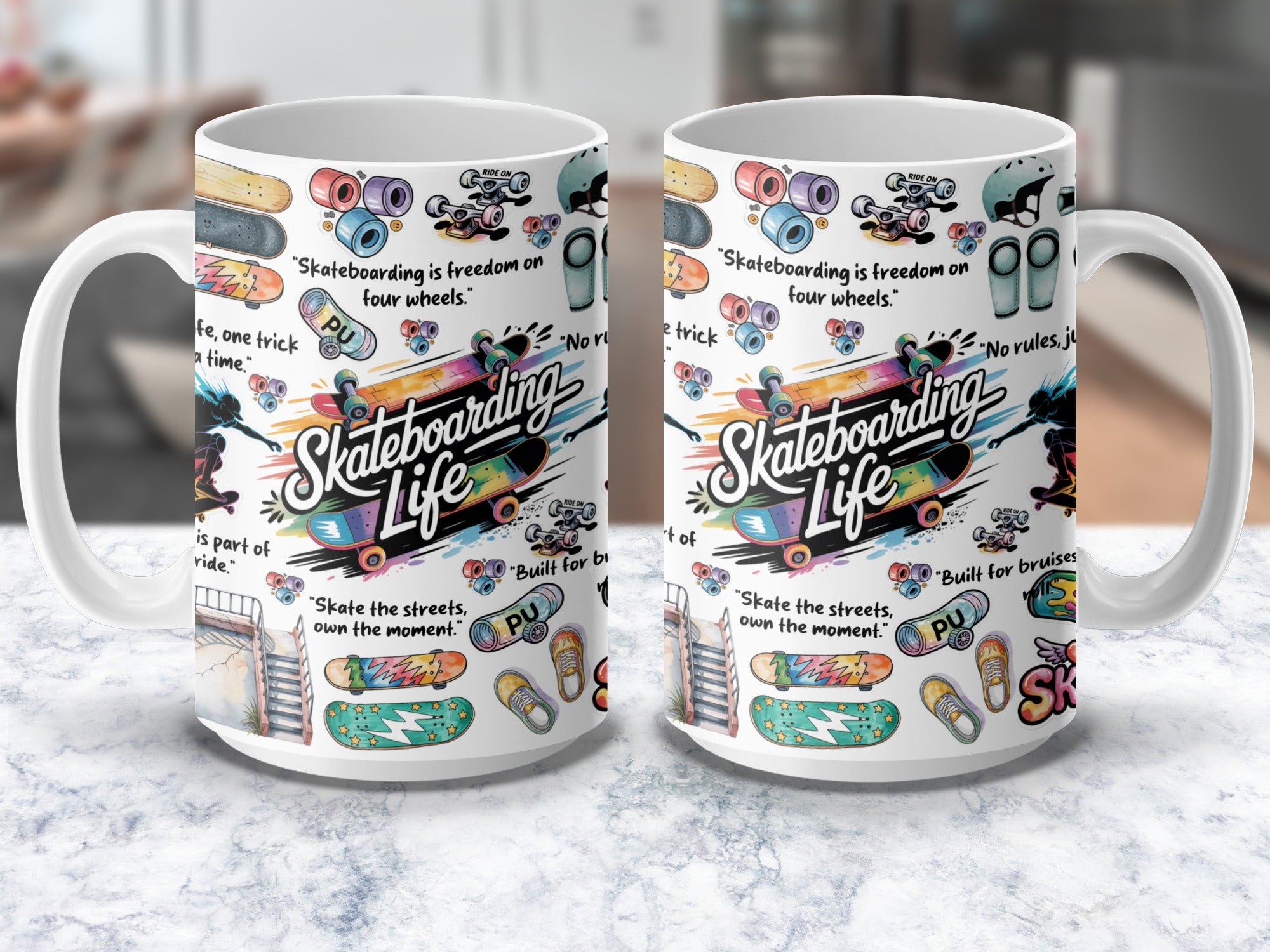 Skateboarding coffee mug with grind life quote