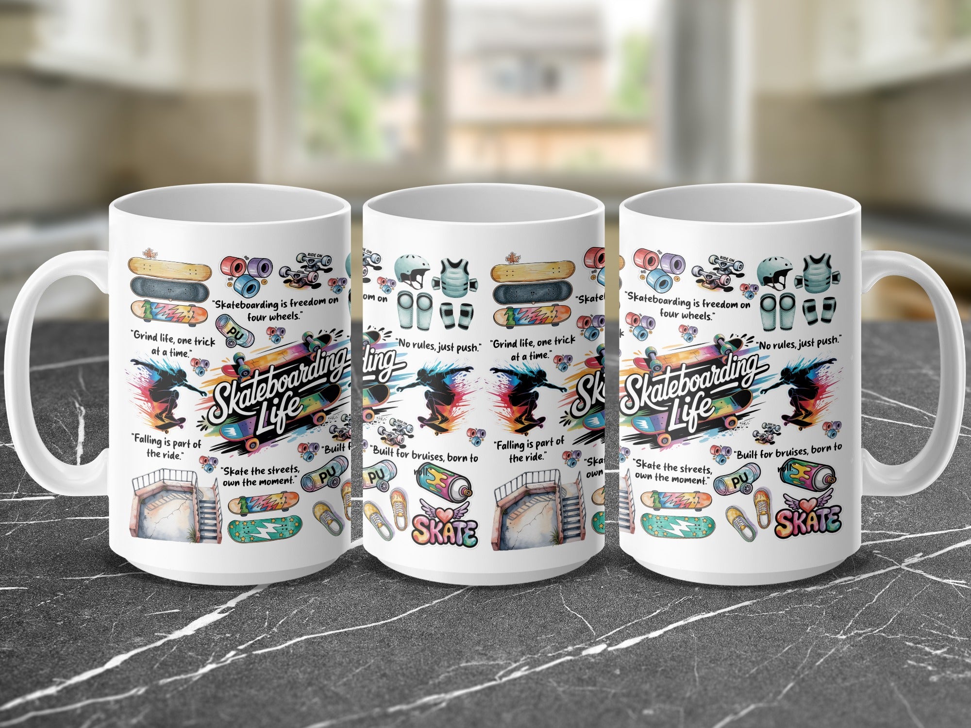 Skateboarding themed 15oz coffee mug with vibrant design