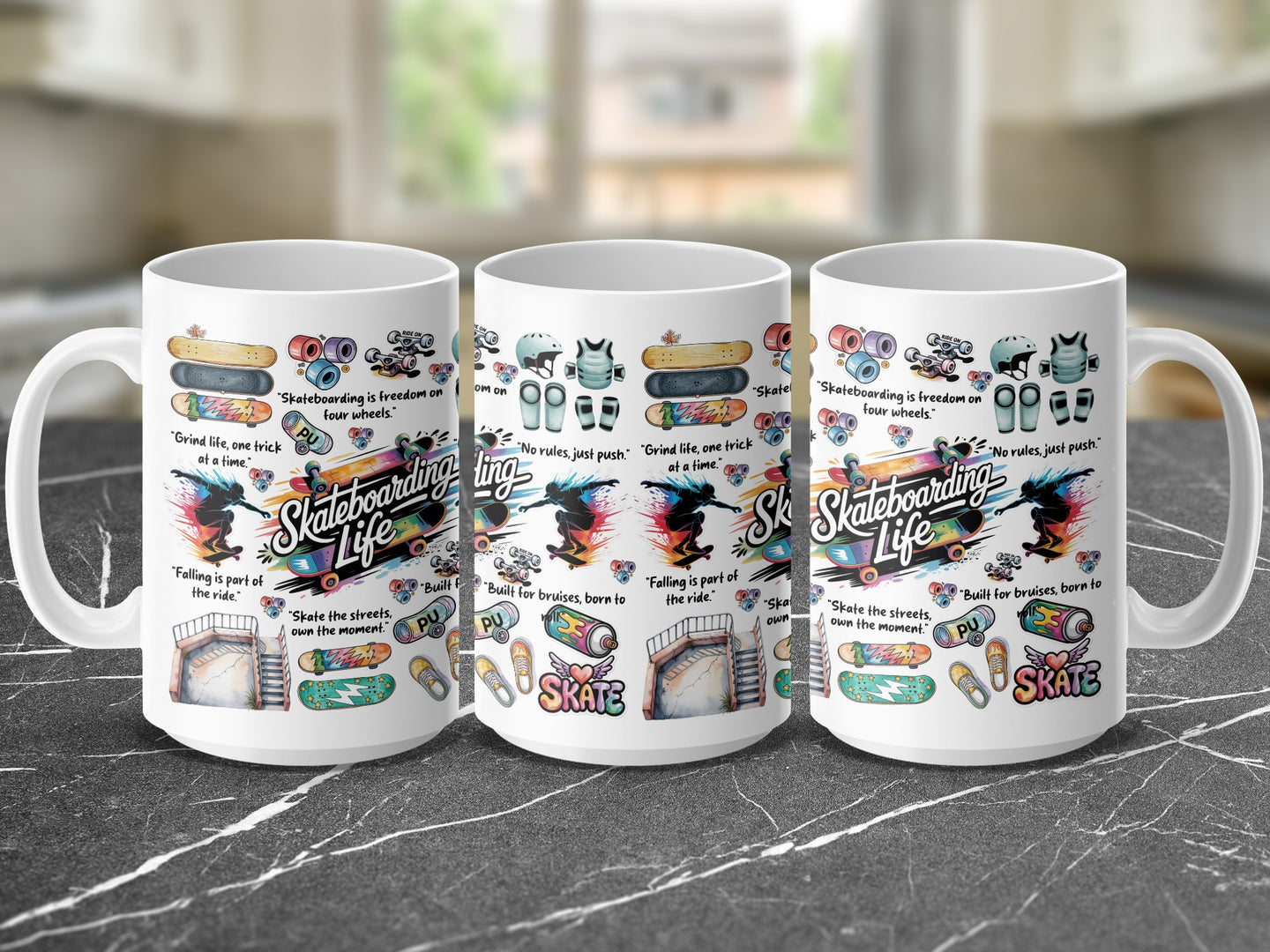 Skateboarding themed 15oz coffee mug with vibrant design