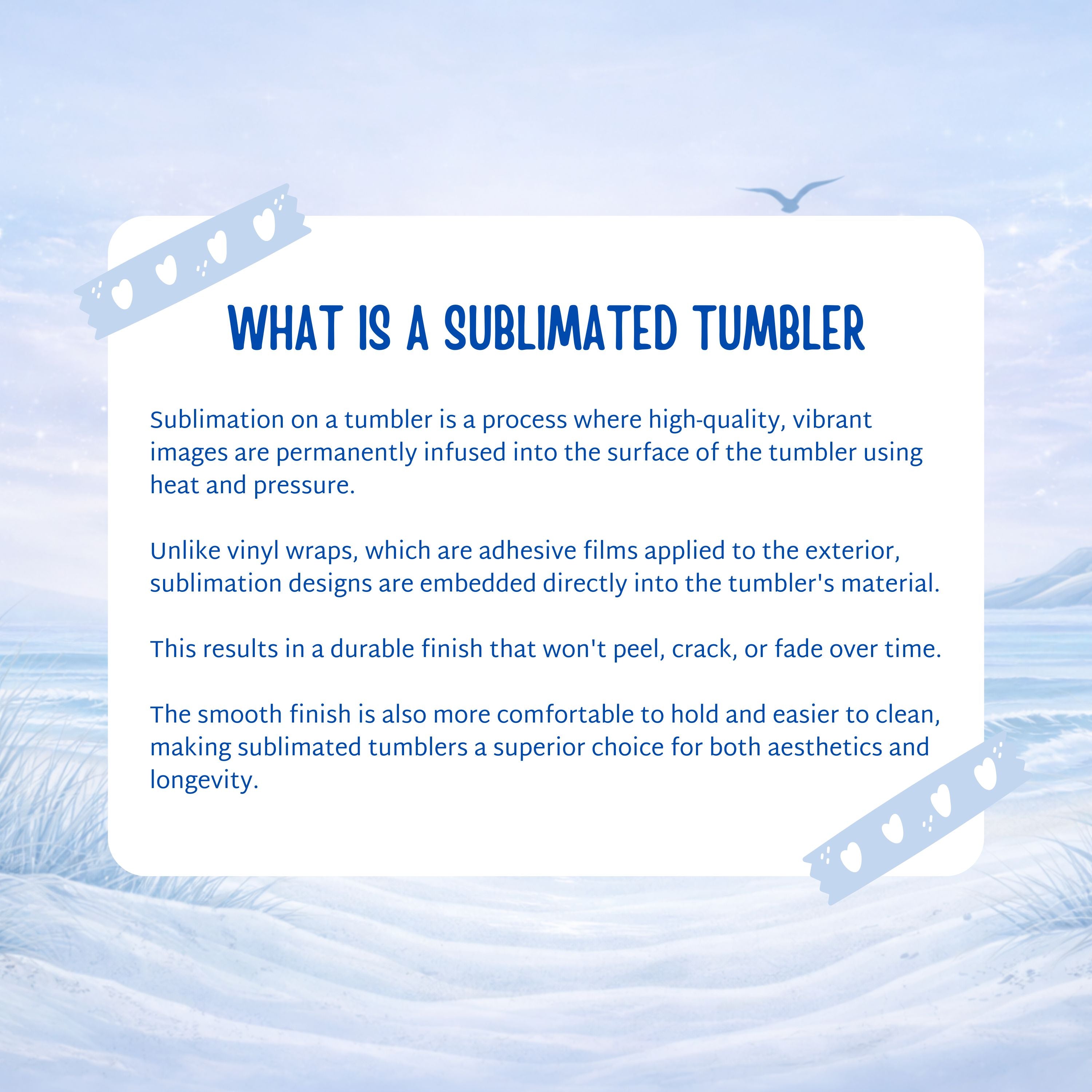 Sublimated tumbler explanation with text about process and benefits.