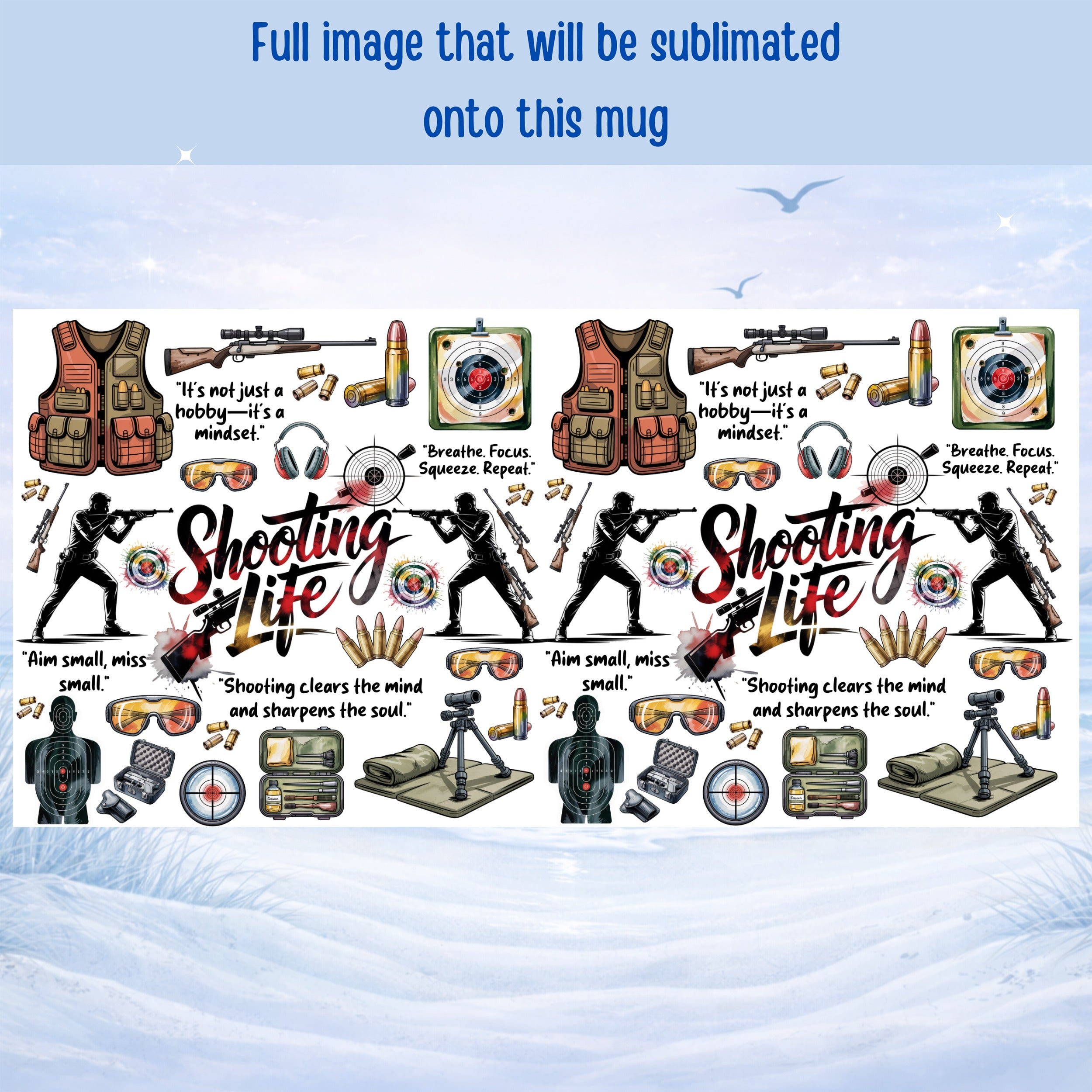 Target shooting mug with breathe focus squeeze repeat design