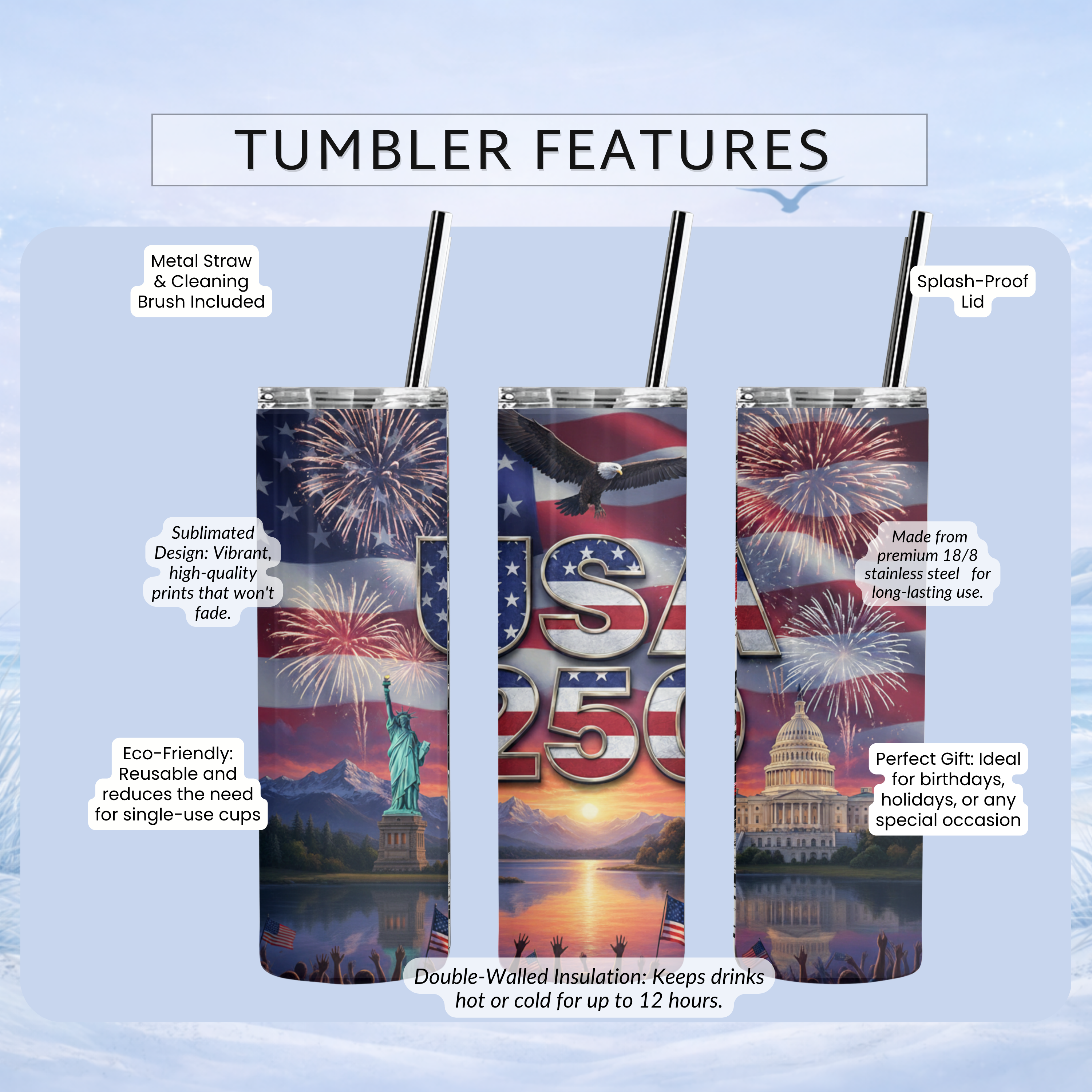 America 250 tumbler features 20 oz skinny tumbler insulated stainless steel patriotic USA cup with lid and straw
