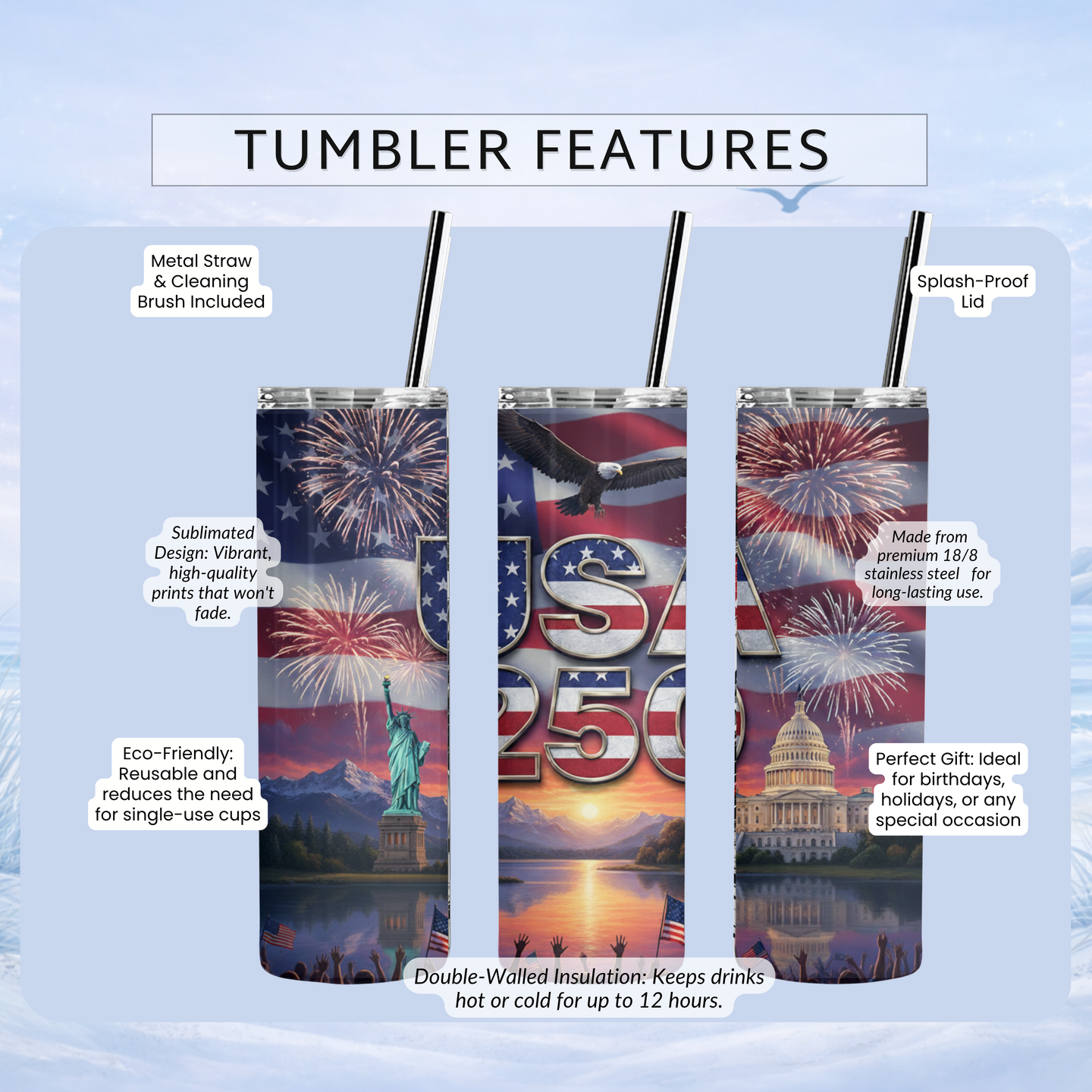 America 250 tumbler features 20 oz skinny tumbler insulated stainless steel patriotic USA cup with lid and straw