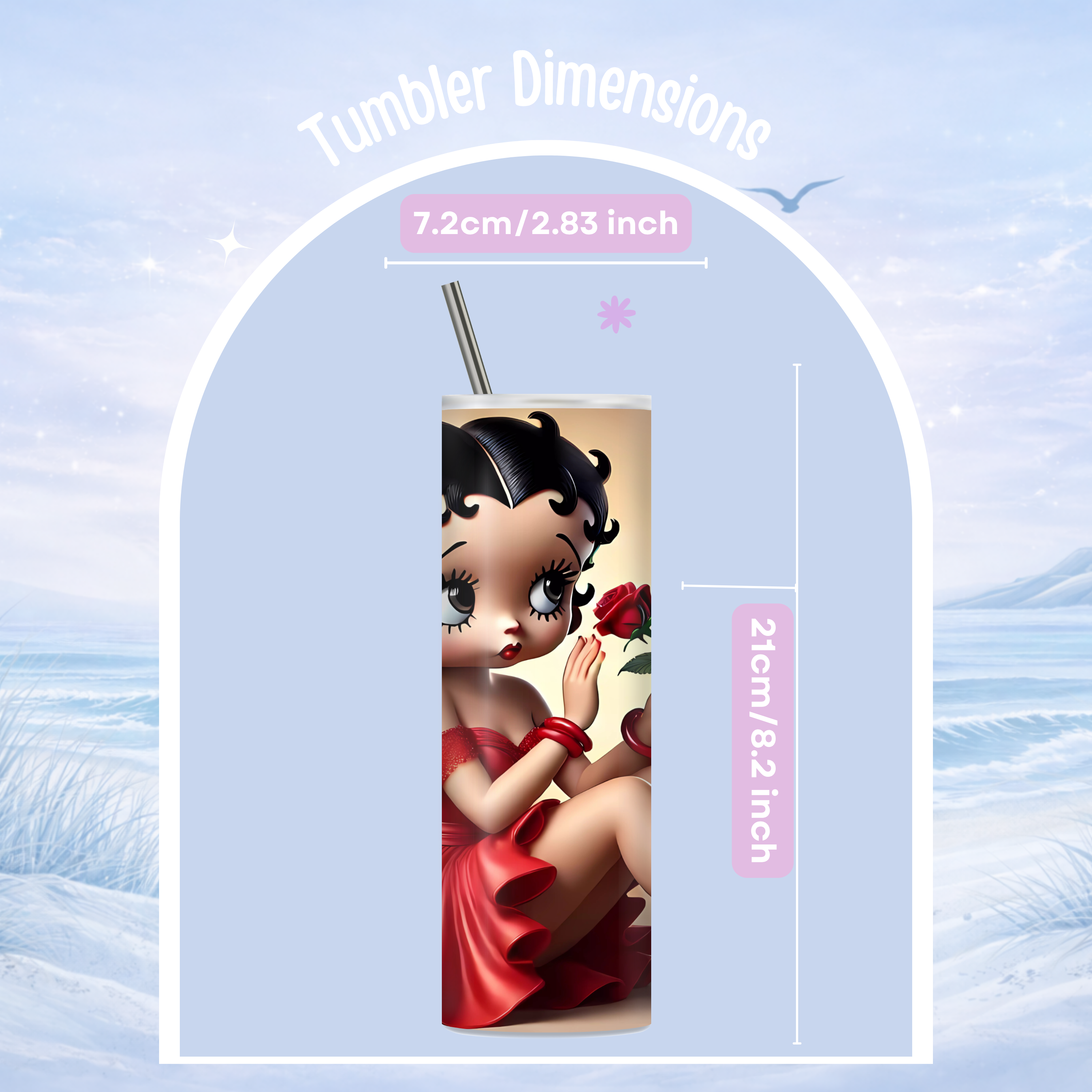 Tumbler with Betty Boop design and dimensions on a light blue background