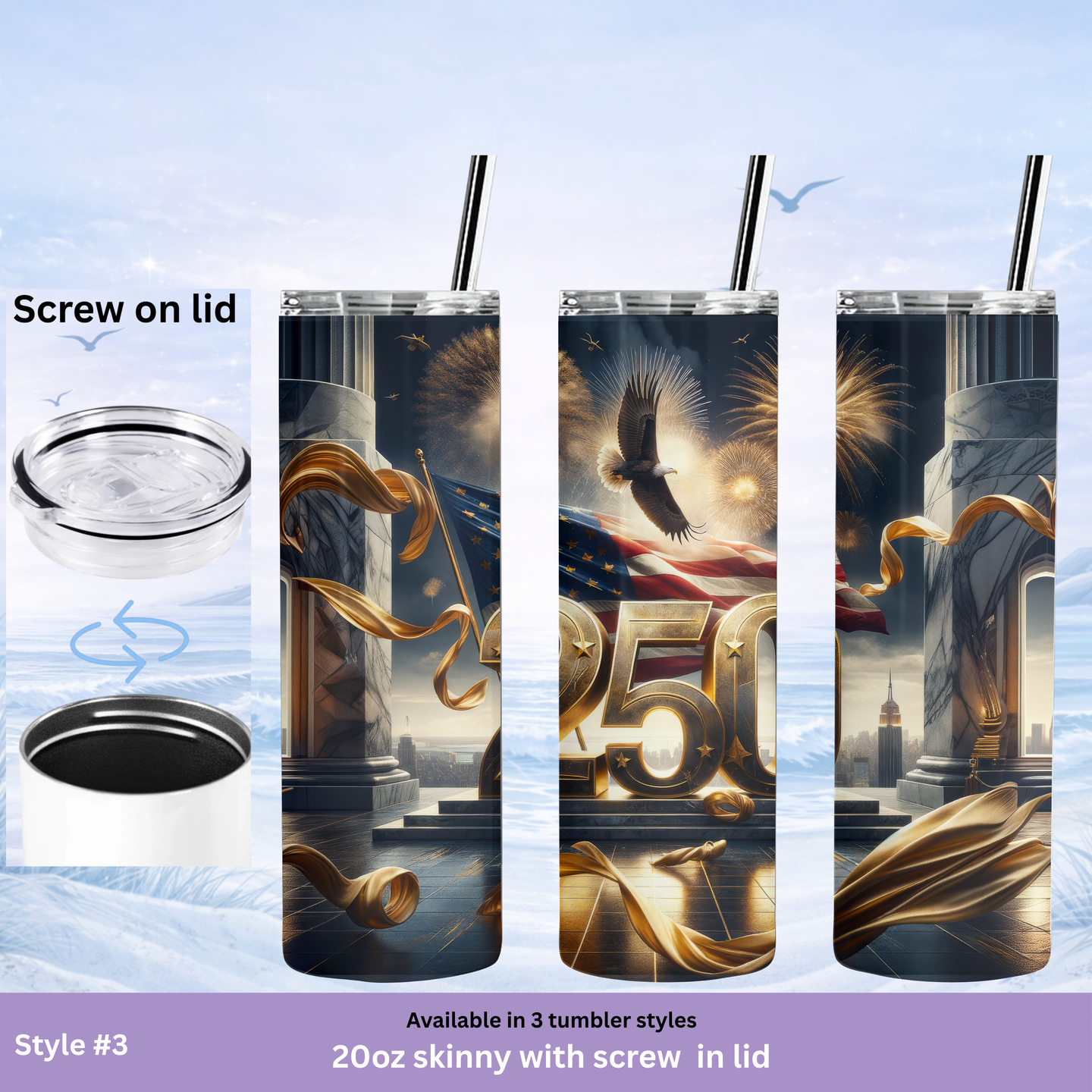 Tumbler with eagle and flag design, featuring screw-on lid and 20oz skinny style.