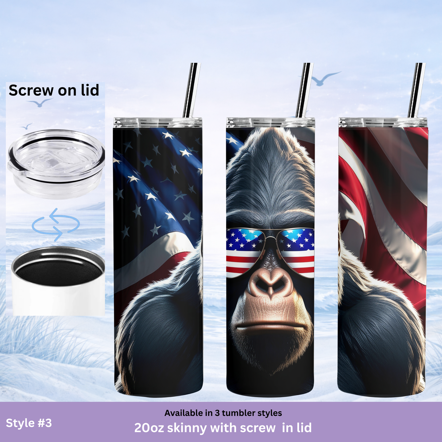 Tumblers with American flag and bigfoot design, featuring screw-on lids.