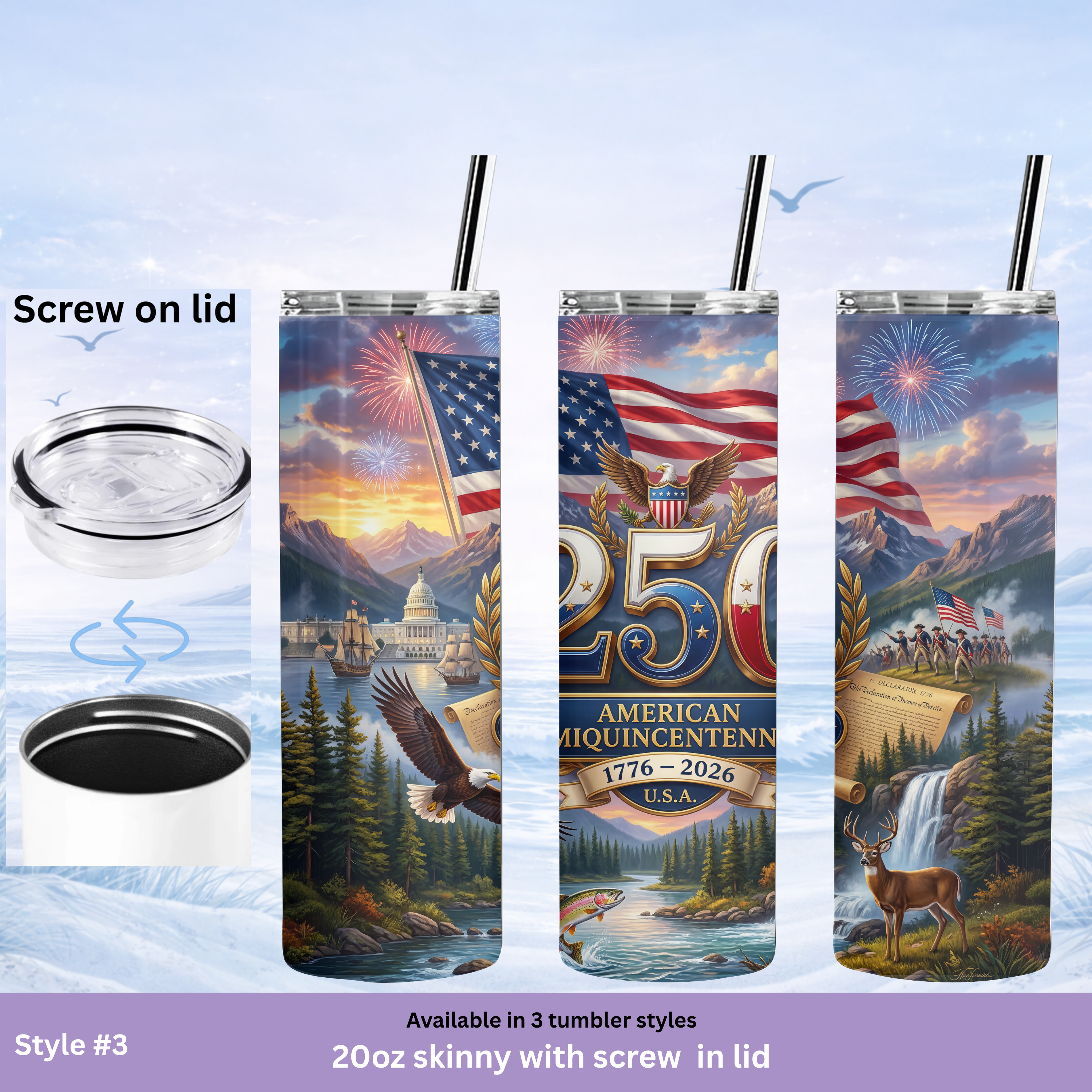 USA 1776 2026 scenic stainless steel tumbler patriotic design