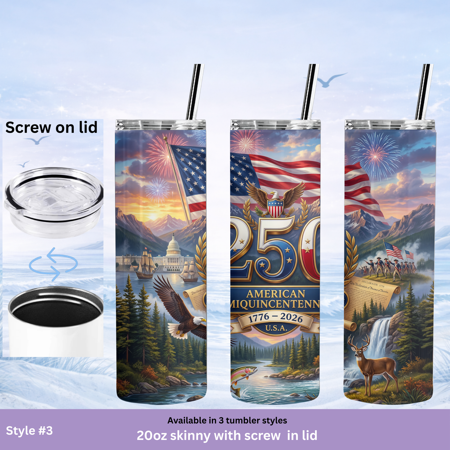 USA 1776 2026 scenic stainless steel tumbler patriotic design