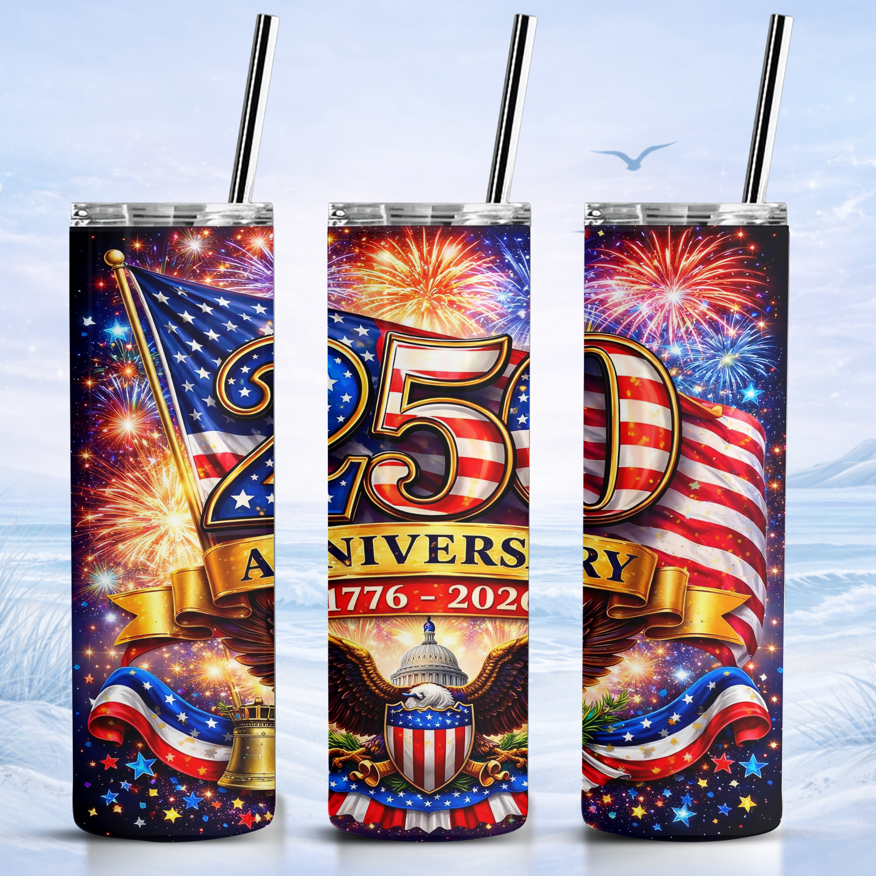 USA 250 fireworks patriotic tumbler 1776 2026 anniversary