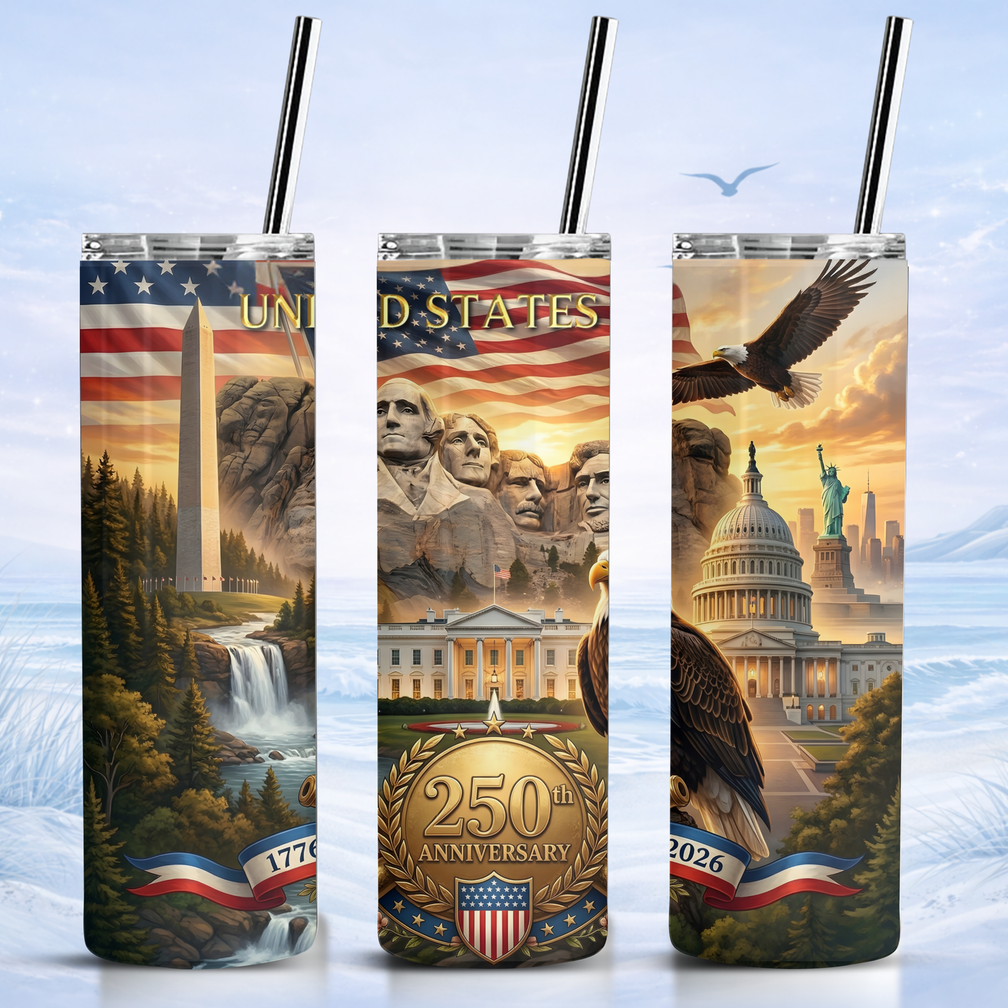 USA 250 landmark patriotic tumbler White House Mount Rushmore design