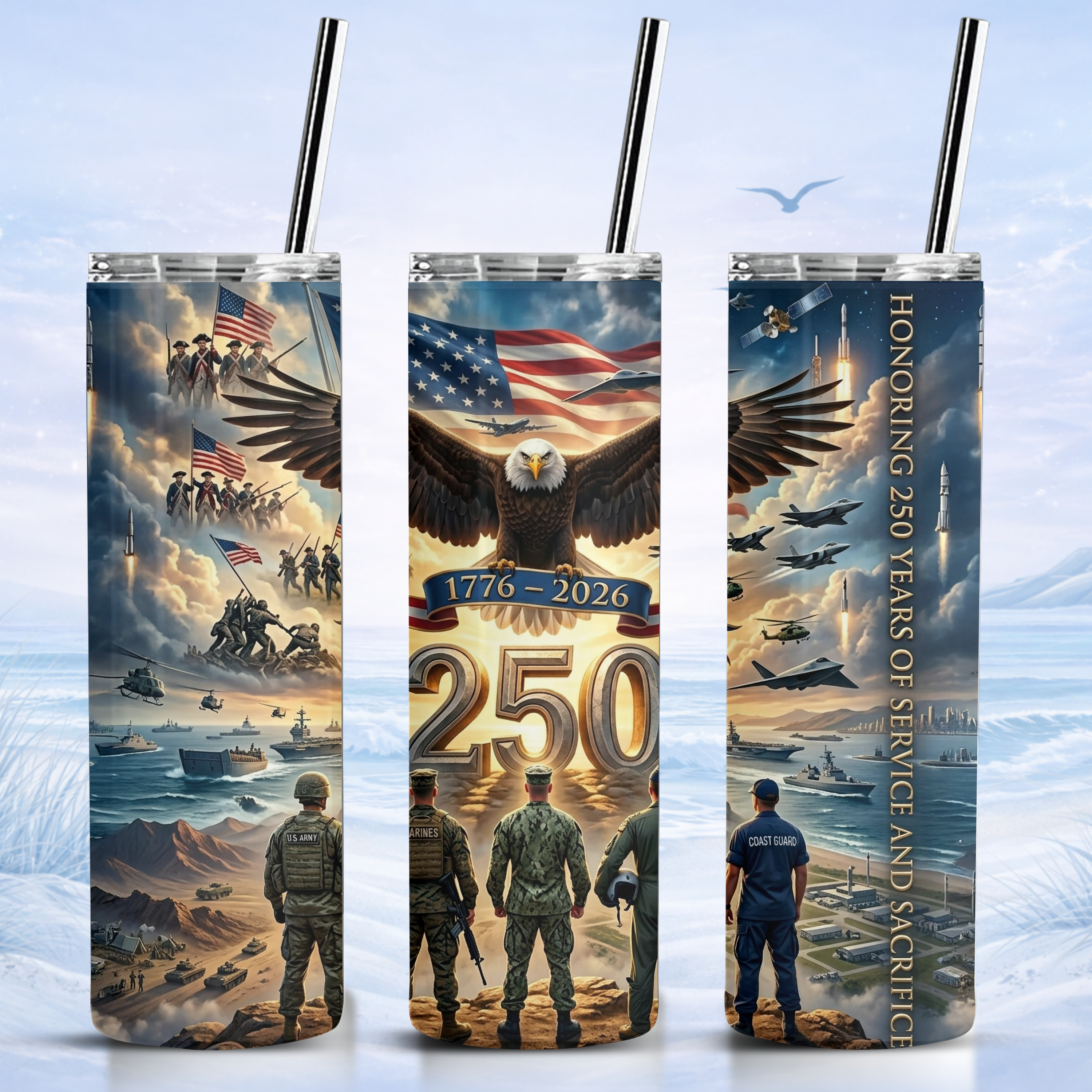 USA 250 military tribute tumbler eagle flag armed forces design