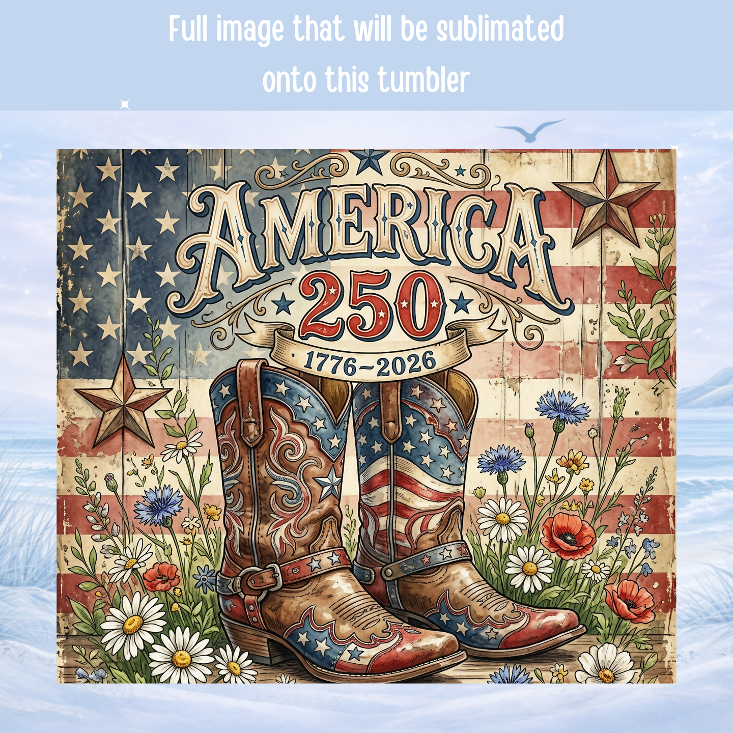 USA 250 rustic flag wildflower stainless steel tumbler
