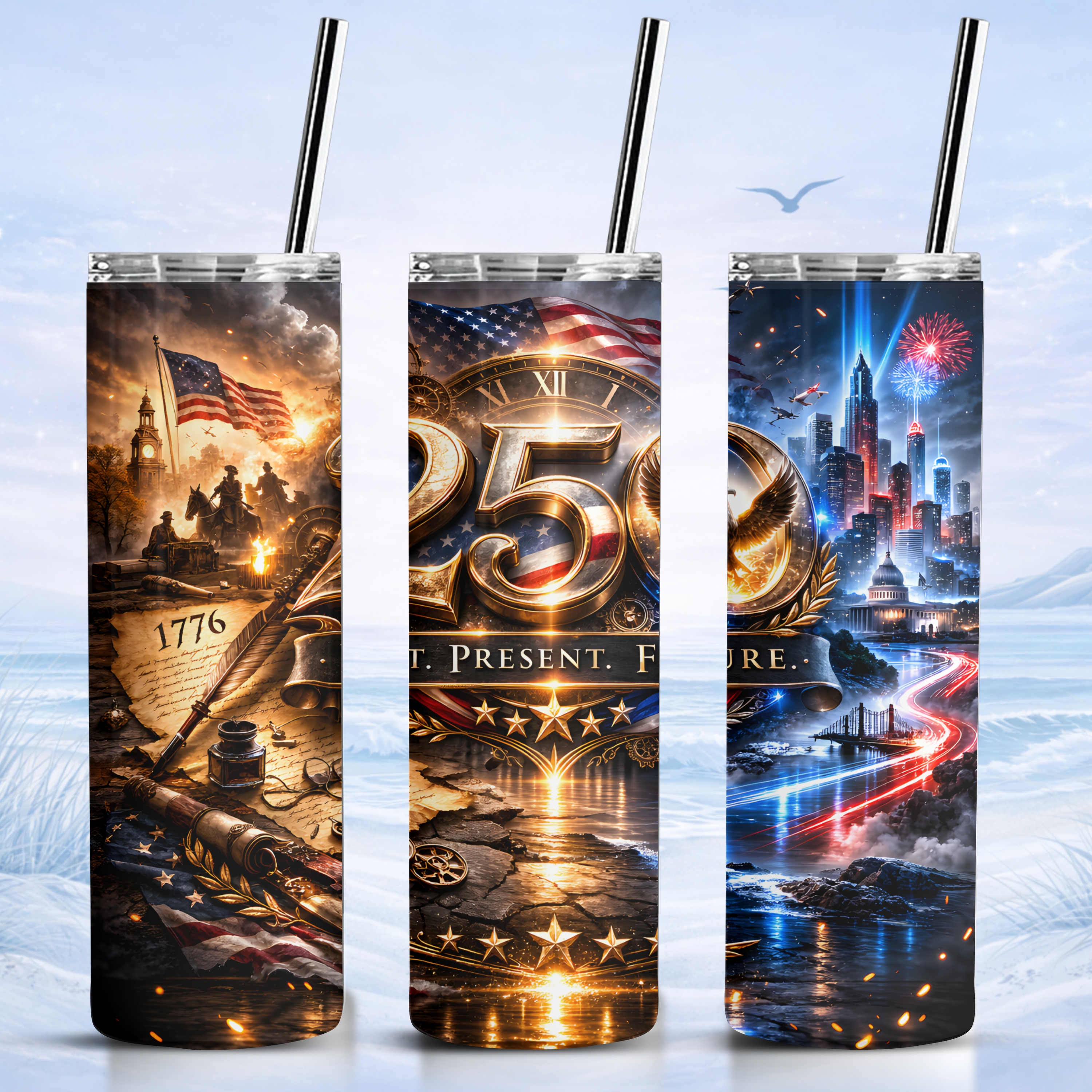 USA 250 timeline patriotic tumbler 1776 to modern skyline