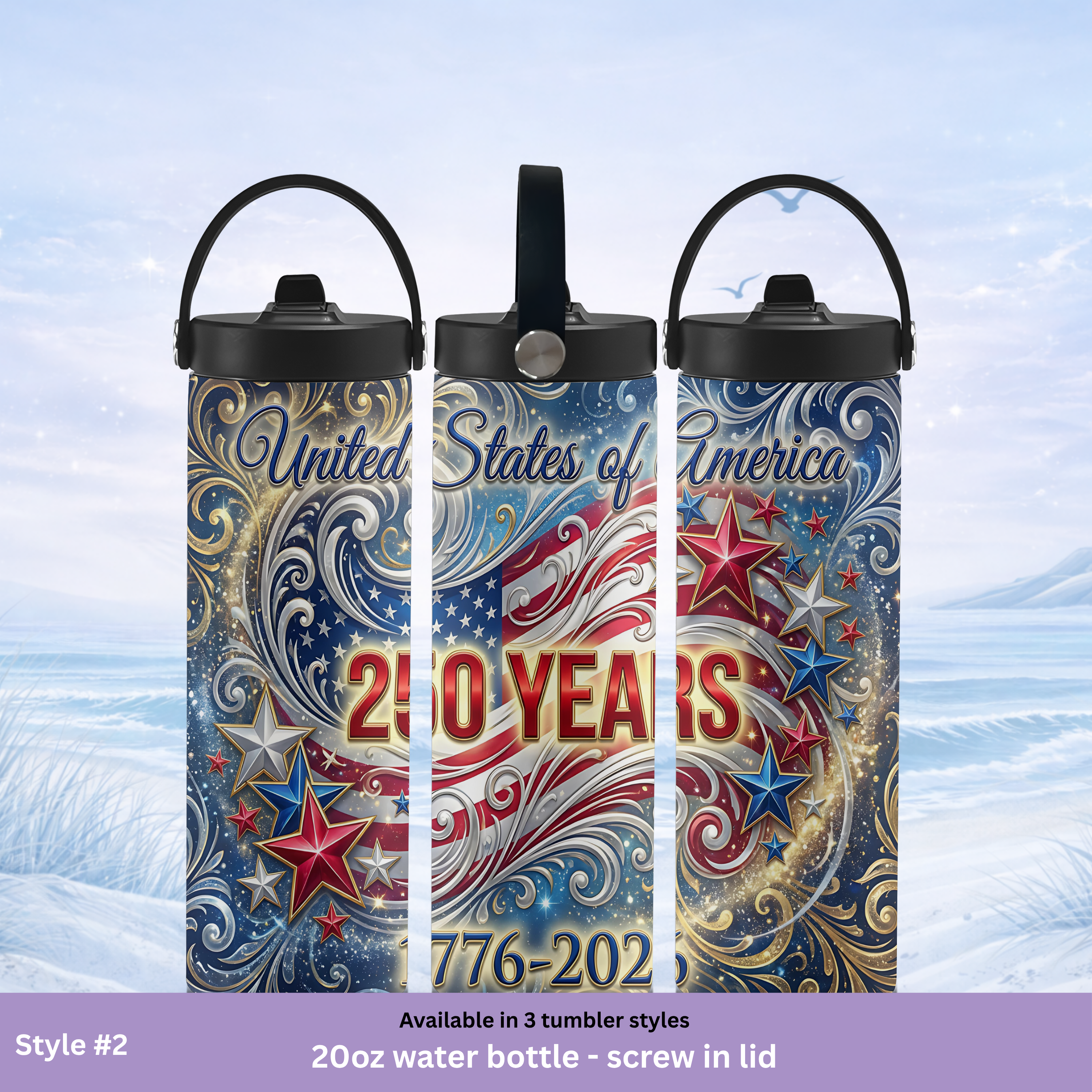 USA anniversary tumbler with stars and swirl background design, water bottle