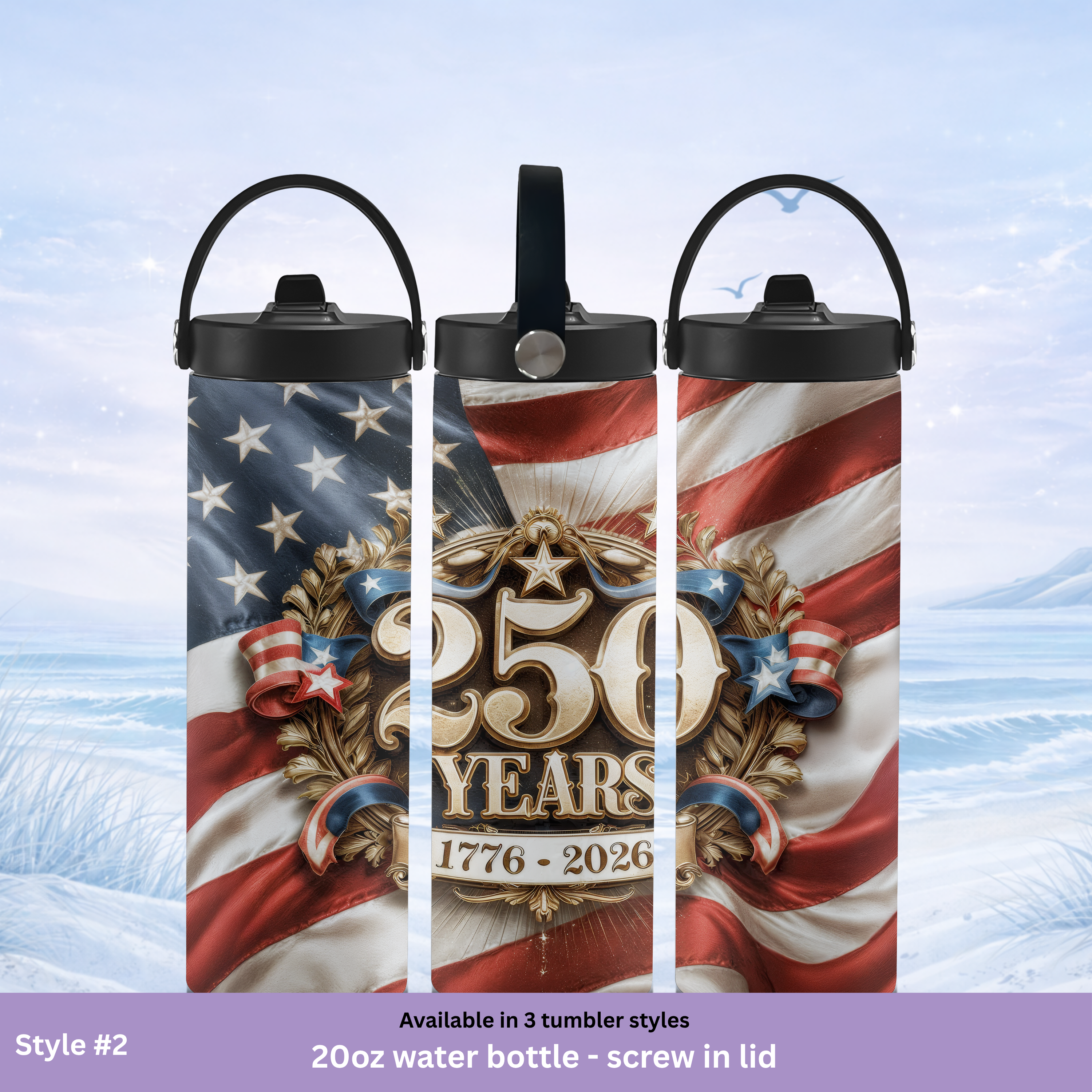 America 250 tumbler water bottle style 20 oz screw lid patriotic USA drinkware Red White & Blue Swirl design