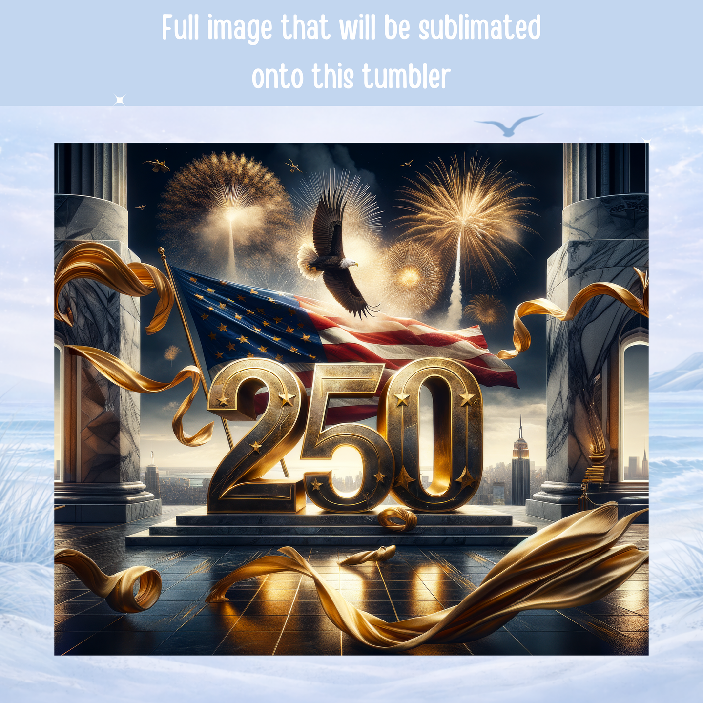 USA patriotic insulated tumbler eagle flag fireworks design