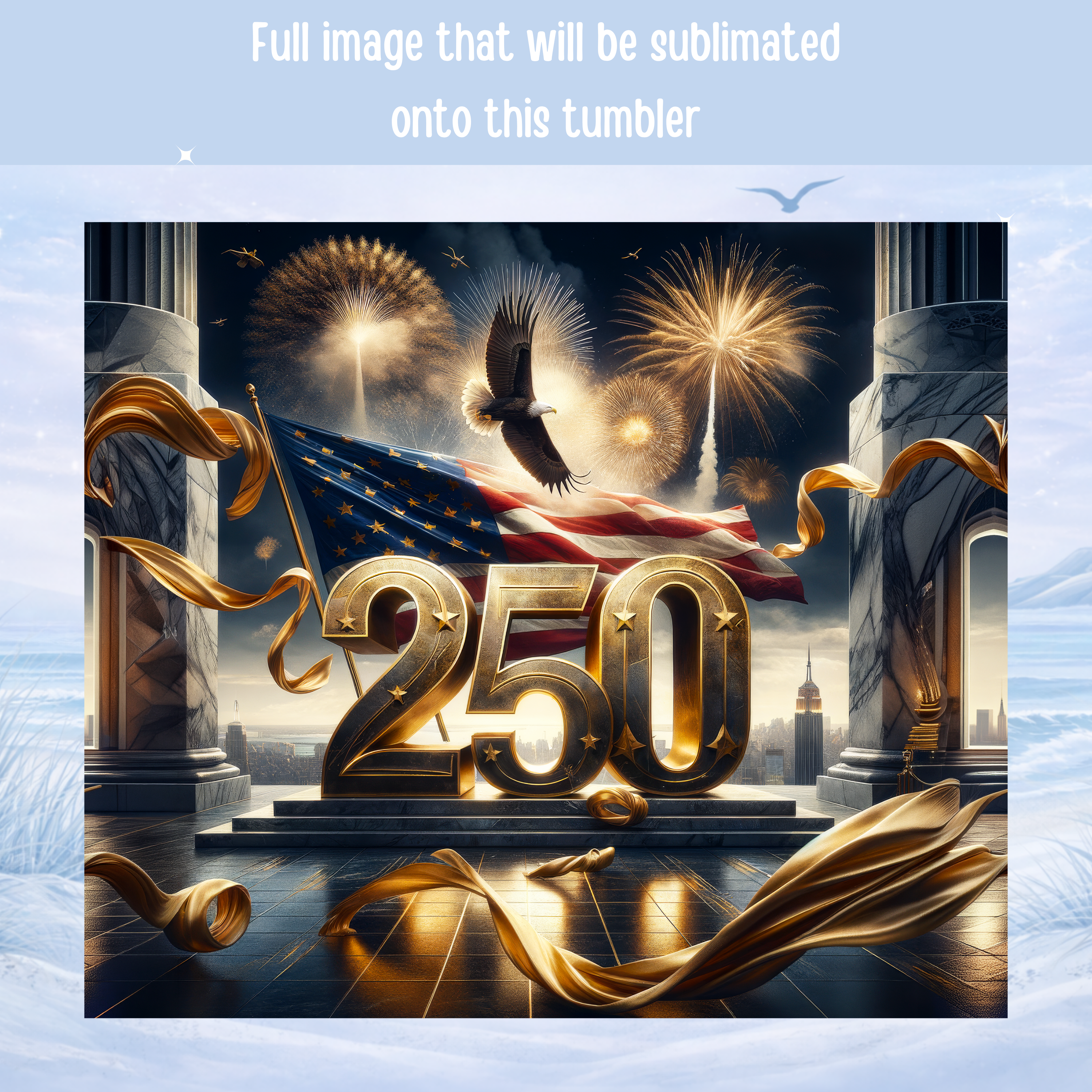 USA patriotic insulated tumbler eagle flag fireworks design