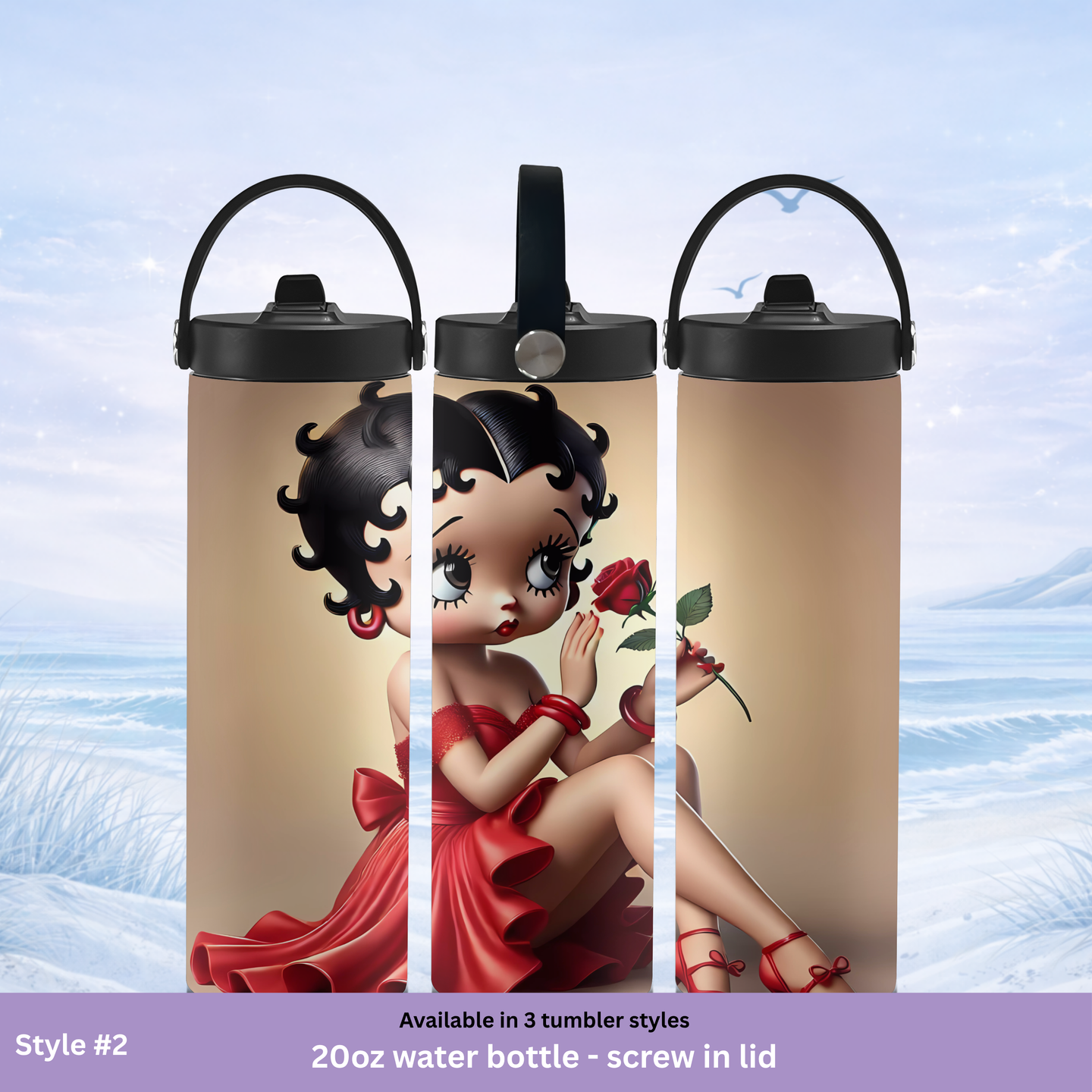 Water bottle with Betty Boop design on a blue and white background
