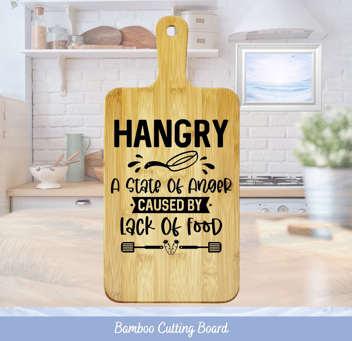 Bamboo cutting board with "Hangry" text and kitchen illustration.
