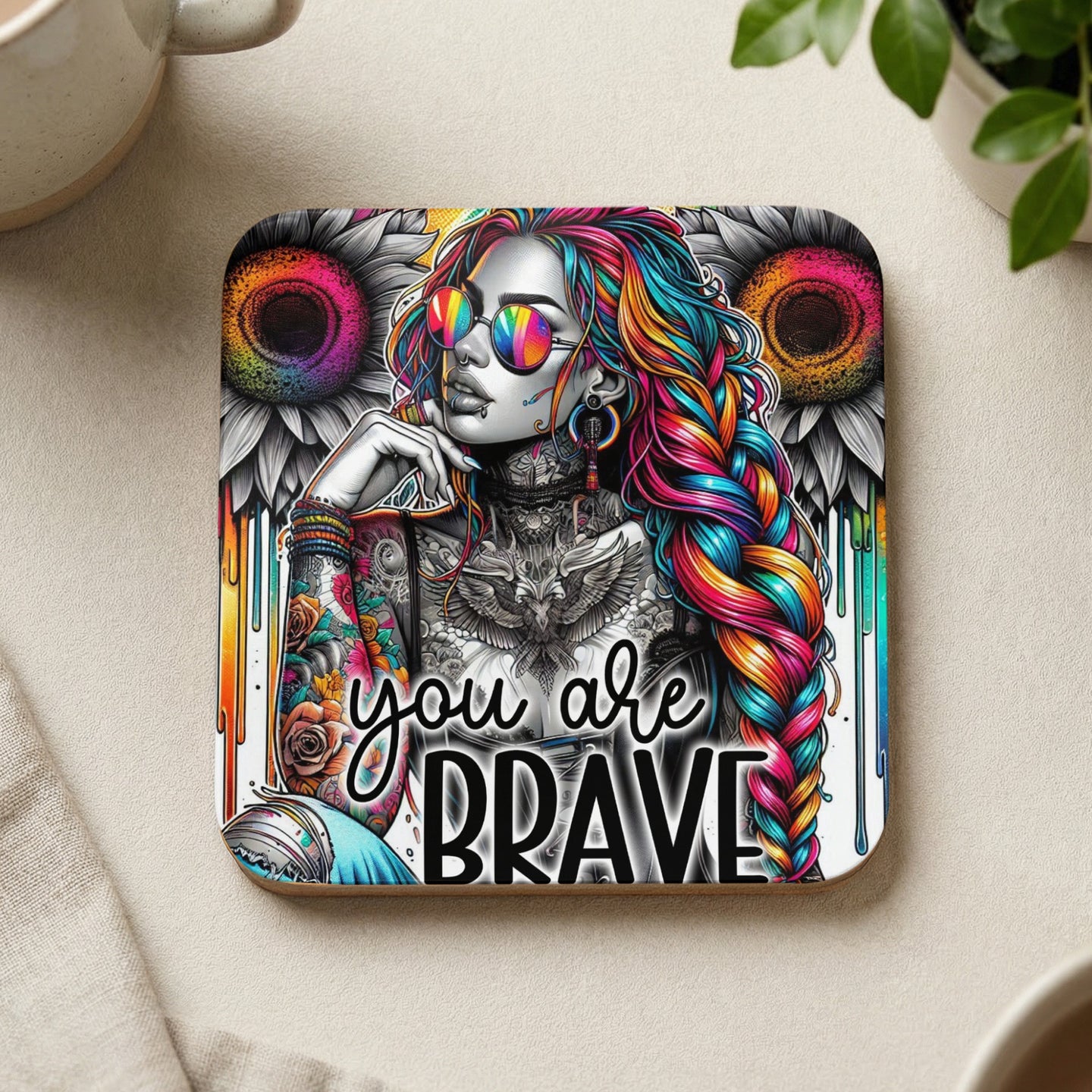 Woman with colorful braided hair and tattoos, "you are brave" text.