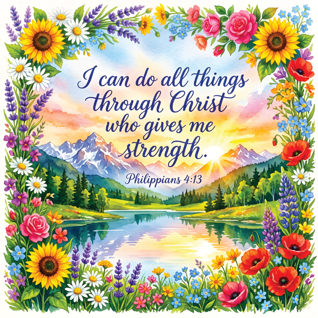 Colorful floral border frames mountainous landscape with text "I can do all things through Christ who gives me strength. Philippians 4:13".