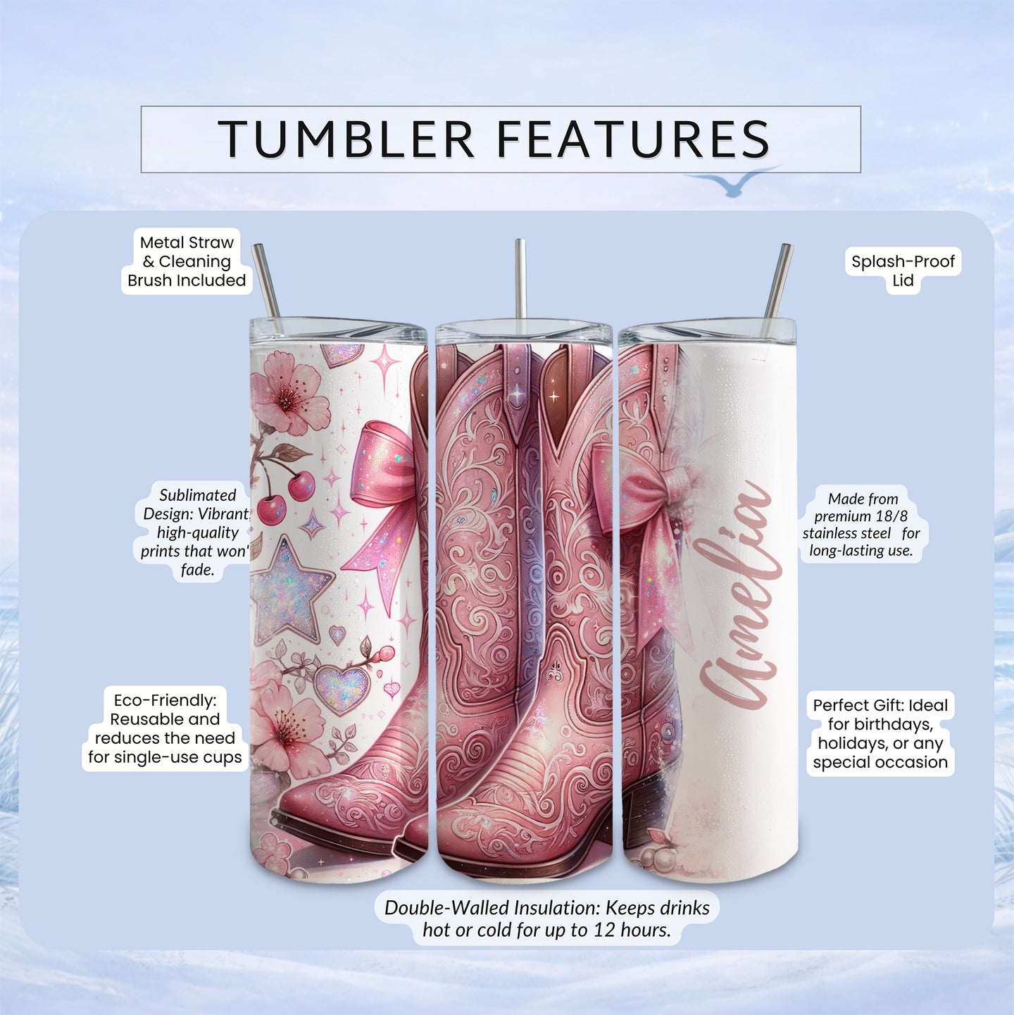 Pink cowboy boots tumbler with "Amelia" personalization and sublimation design.