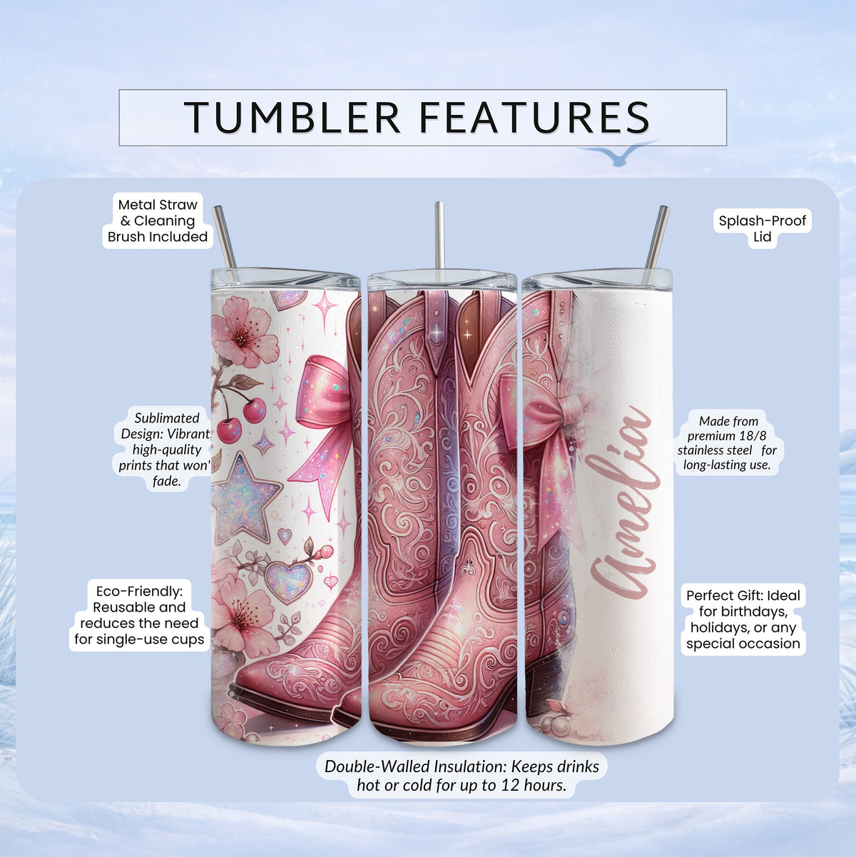 Pink cowboy boots tumbler with "Amelia" personalization and sublimation design.