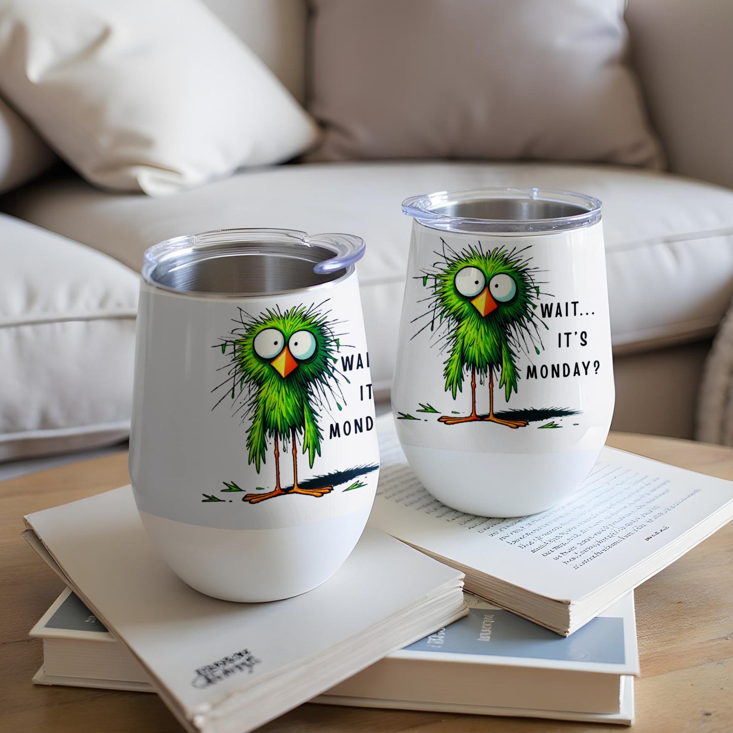 Two white tumblers with cartoon green birds and text "WAIT... IT'S MONDAY?".