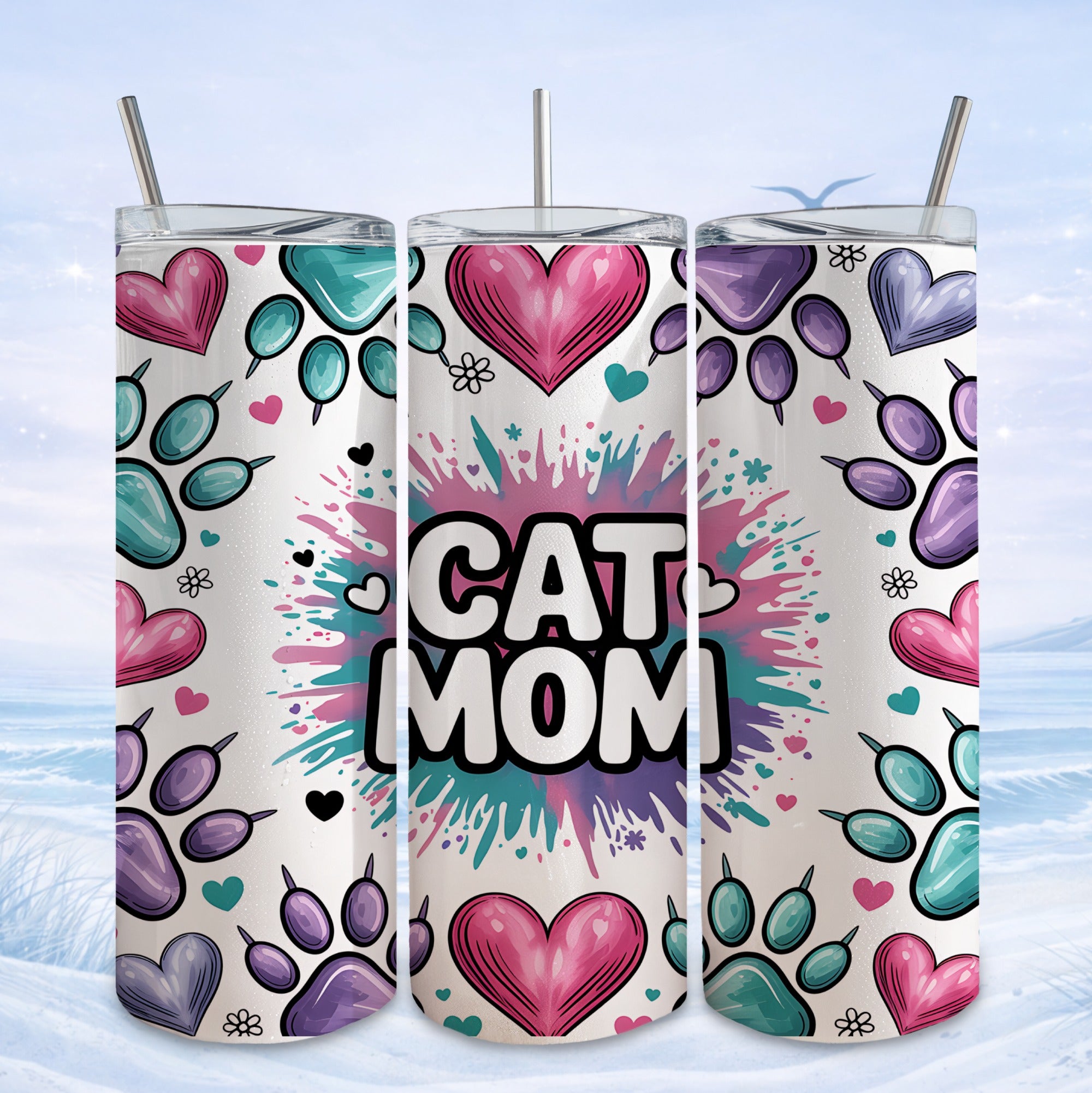 Three tumblers with "Cat Mom" text, paw prints, and hearts.