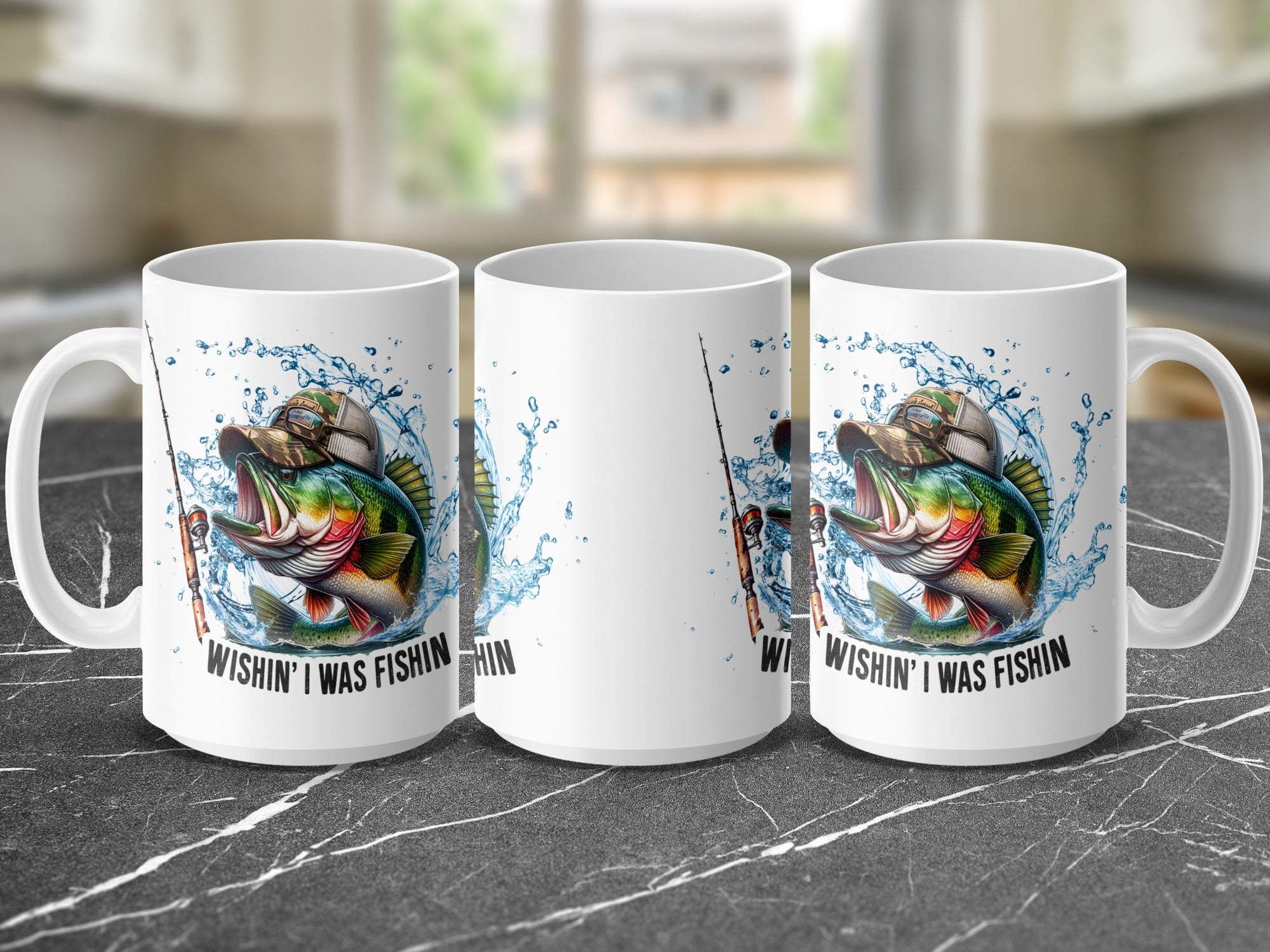 White mug with a bass fish jumping from water and text "Wishin' I Was Fishin'".