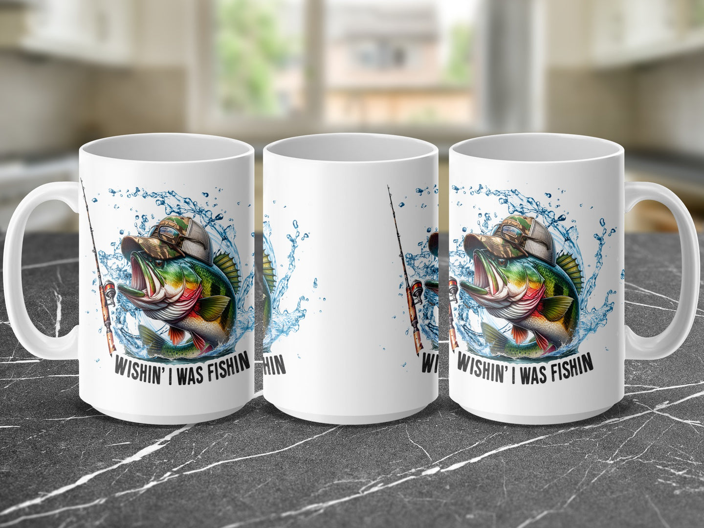 White mug with a bass fish jumping from water and text "Wishin' I Was Fishin'".