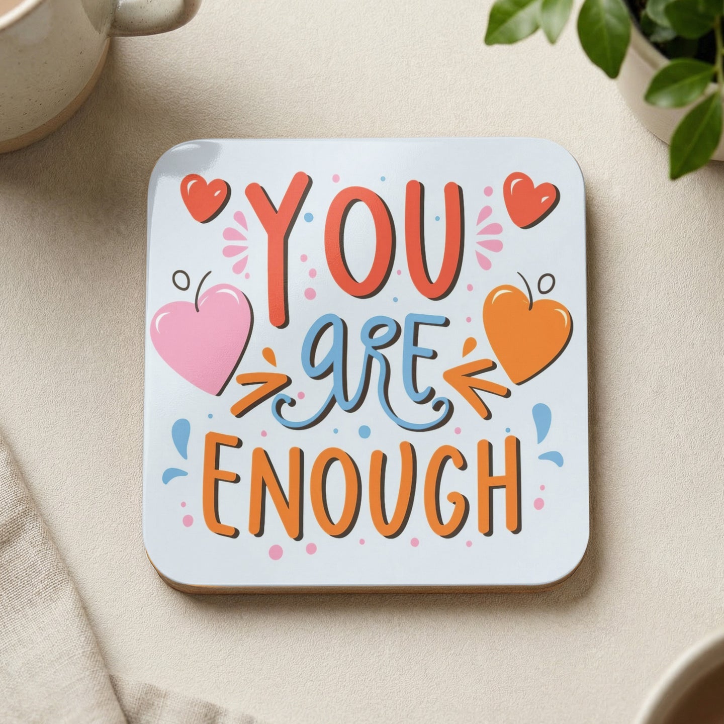 Coaster with "YOU are ENOUGH" text and colorful hearts.