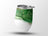 White tumbler with green and gold abstract fluid art design.