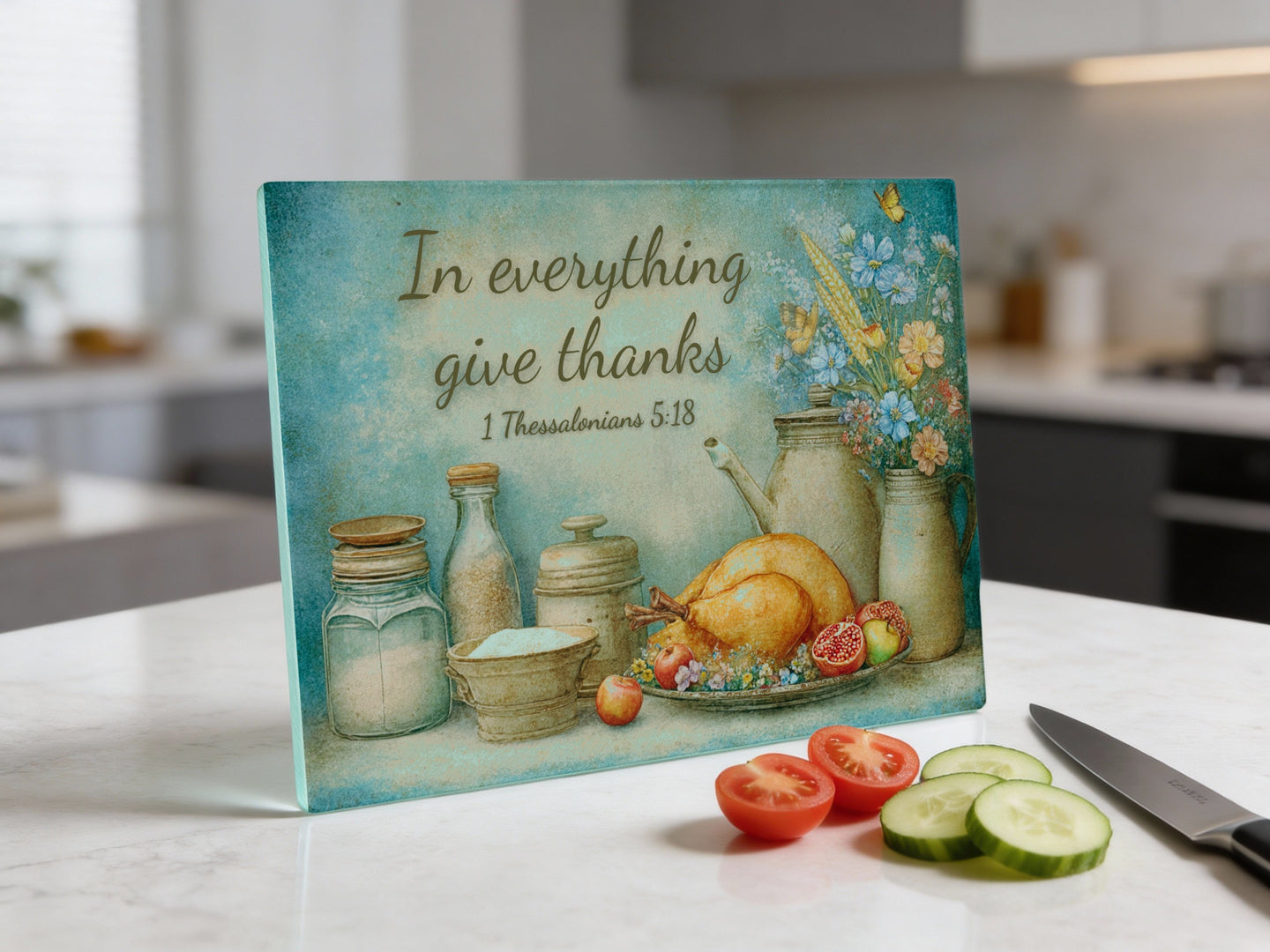 Cutting board with "In everything give thanks" and a Thanksgiving meal.