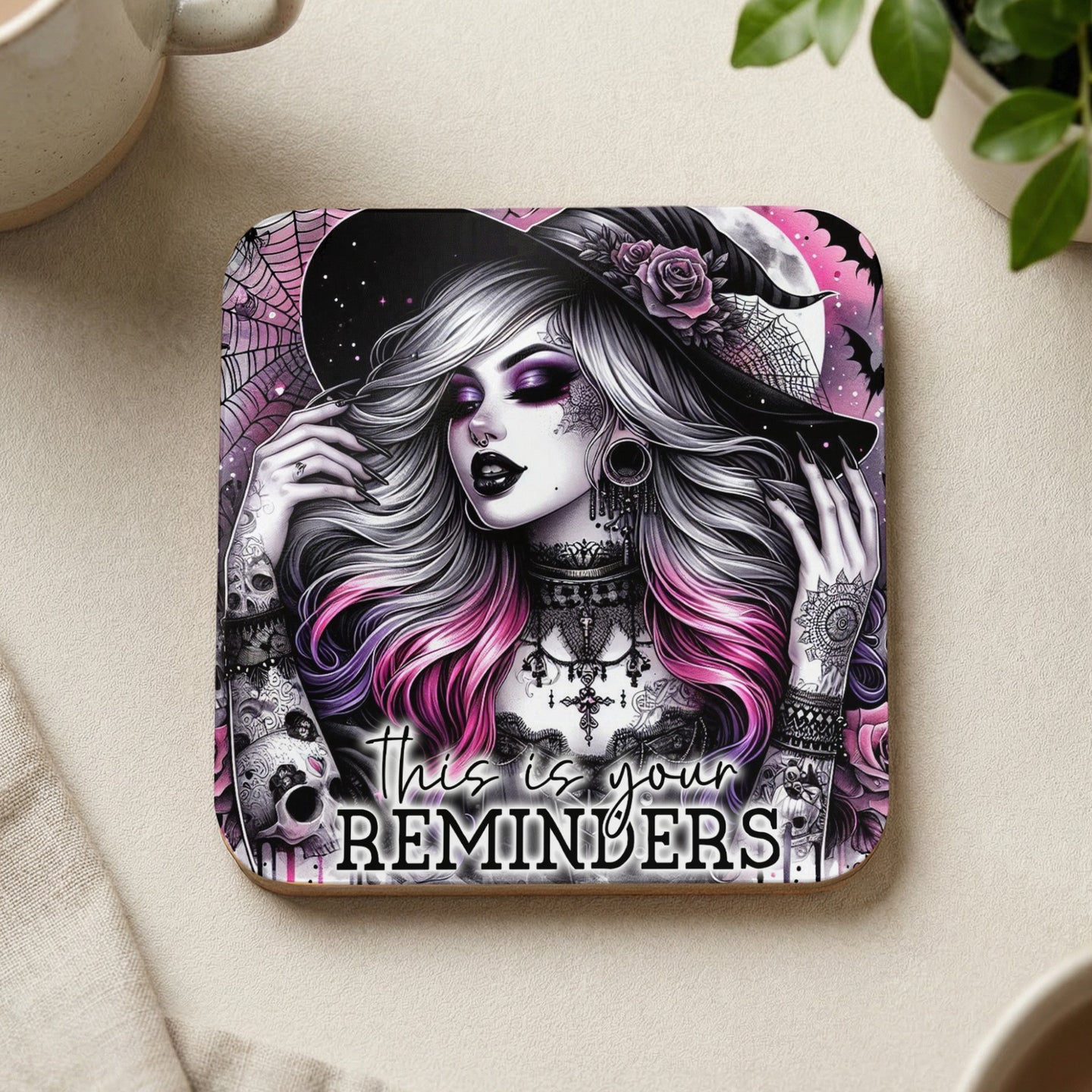 Witchy woman in hat with pink hair, "This is your reminders" text.