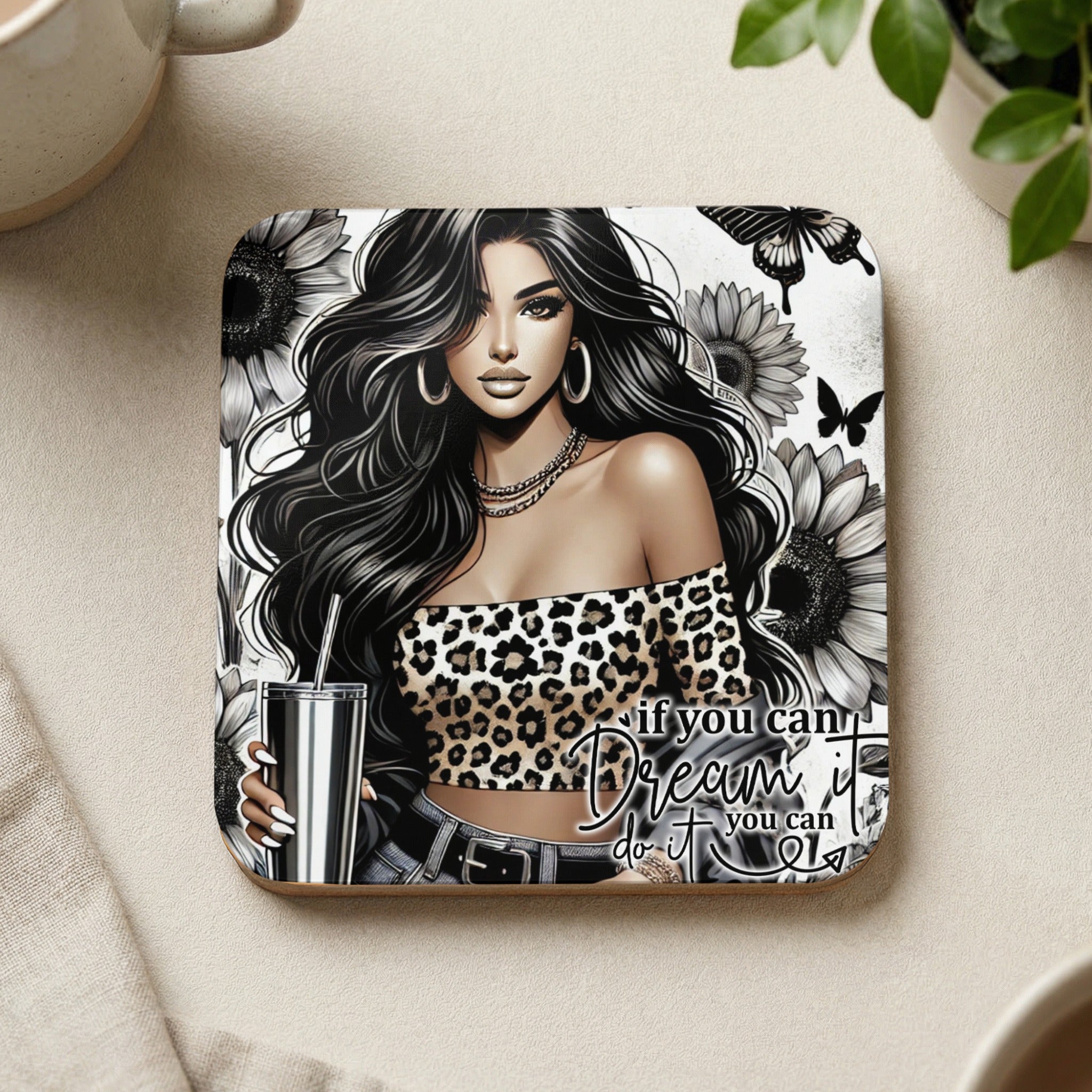 Woman in leopard print top holding cup, with sunflowers and butterflies design.