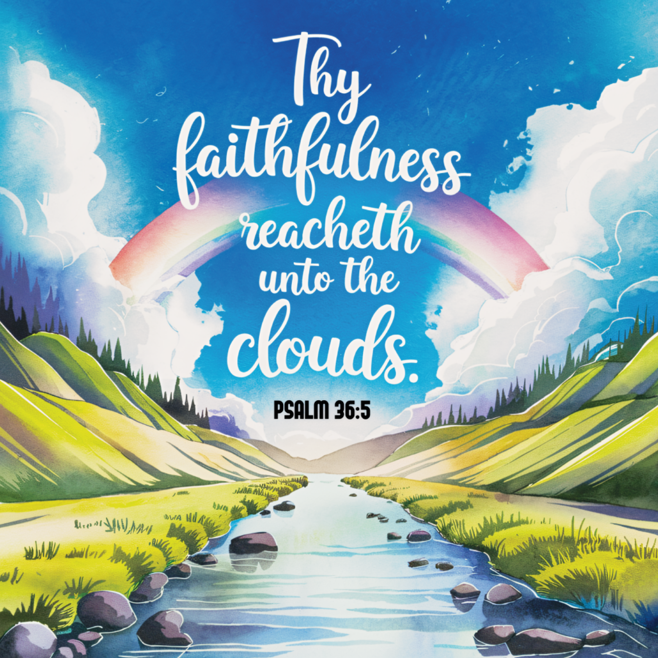 Rainbow over a river with mountains and the text "Thy faithfulness reacheth unto the clouds."