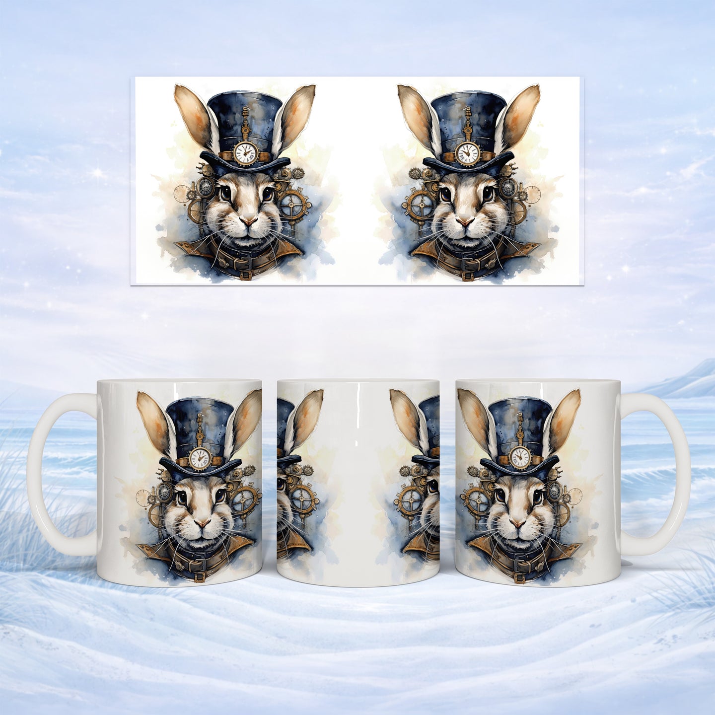 Steampunk rabbit in hat on mug, with watercolor background.